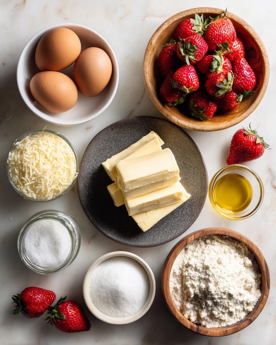 The image shows a top view of baking ingredients placed on a white marbled surface. There are three brown eggs in a small white bowl positioned in the bottom left corner. Next to the eggs is a small glass jar filled with finely grated cheese. Above that, there is a wooden bowl full of red strawberries with green caps. To the right of the strawberries, a wooden bowl contains a white powdery ingredient. In the center, a dark grey plate holds several thick, light yellow butter blocks, stacked in two layers. Next to the butter, a small white bowl contains a golden liquid, likely oil. Below the oil, a tiny white bowl is filled with granulated white sugar. At the bottom right, a wooden bowl holds white flour with a slightly coarse texture. Scattered around are a few fresh strawberries, adding bright red color to the arrangement. The photo taken with an iphone --ar 4:5 --v 7