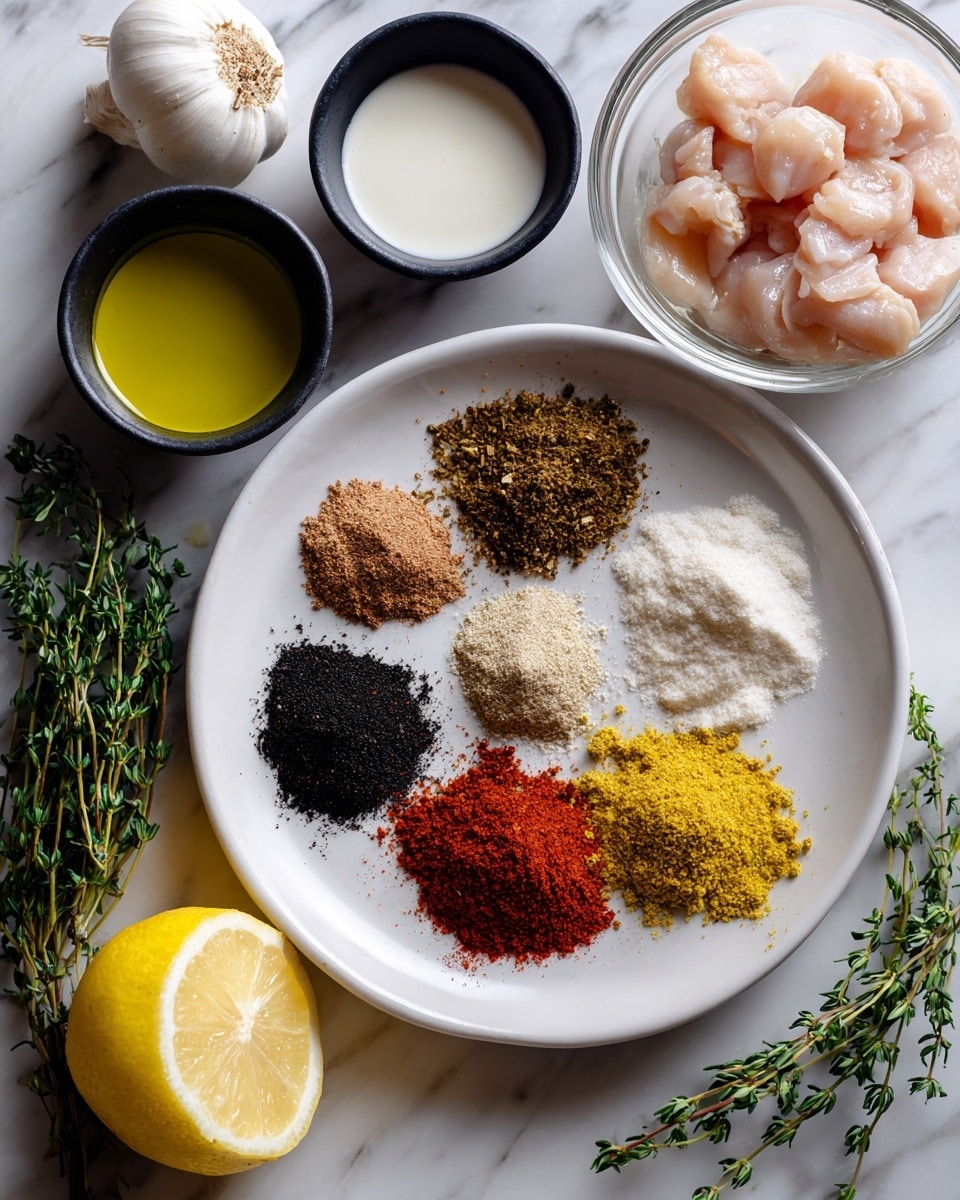 The image shows a white plate with five piles of spices arranged in a circle: brown, black, light pink, white, and red powder, surrounded by green thyme sprigs on the left side of the plate. Behind the plate are two small bowls, one black bowl filled with a white creamy sauce and one white bowl with a dark liquid. Above the plate is a bulb of garlic and a small glass container with yellow oil. On the right side, there is a glass dish with seasoned raw chicken pieces. A half lemon with visible seeds is placed near the center bottom next to more thyme sprigs, all set on a white marbled surface. photo taken with an iphone --ar 4:5 --v 7