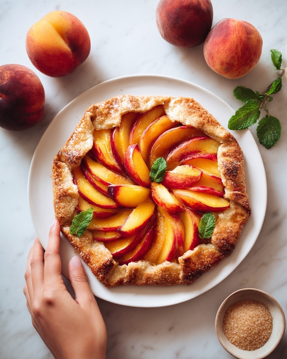 The image shows a round galette on a white plate, with a golden-brown crust folded up around the edges. Inside, there are many thin slices of fresh peach arranged in overlapping concentric circles, their bright orange and red skin shining. Small green mint leaves are scattered on top, adding bright green color and freshness. The crust looks crisp and lightly browned with a slightly rough texture. The plate sits on a white marbled surface, with whole peaches and small bowls of brown sugar placed nearby for decoration. Photo taken with an iphone --ar 4:5 --v 7