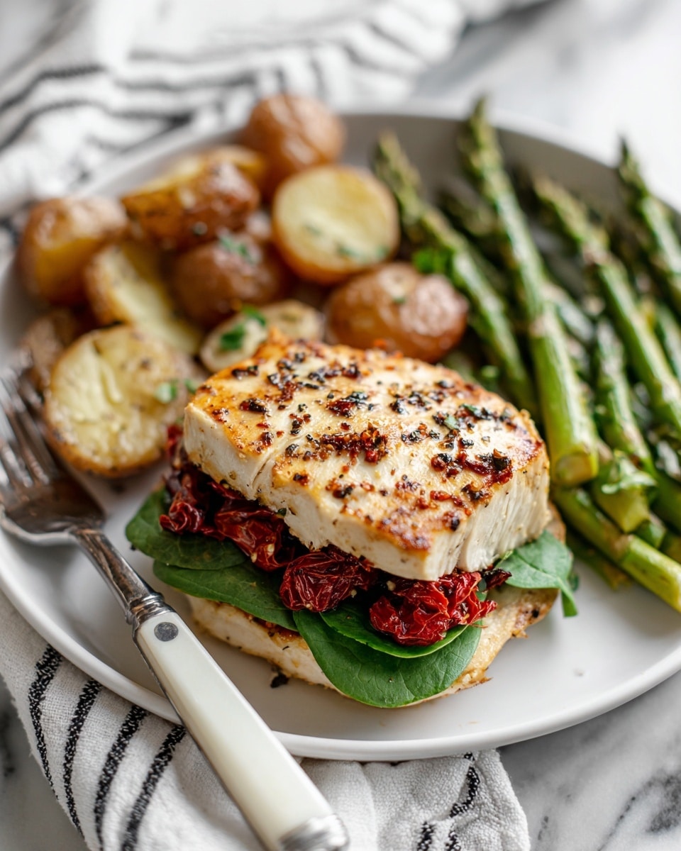 A white plate on a white marbled surface holds a grilled sandwich and roasted vegetables. The sandwich has three visible layers: a top golden-brown grilled chicken layer seasoned with black pepper, a middle layer of dark green spinach leaves and deep red sun-dried tomatoes, and a bottom grilled chicken layer with light grill marks. To the back of the plate are small roasted potatoes with a slightly crispy brown skin and roasted green asparagus pieces mixed in. The plate rests on a black and white striped cloth, and a white-handled fork and knife are placed next to it. Photo taken with an iphone --ar 4:5 --v 7
