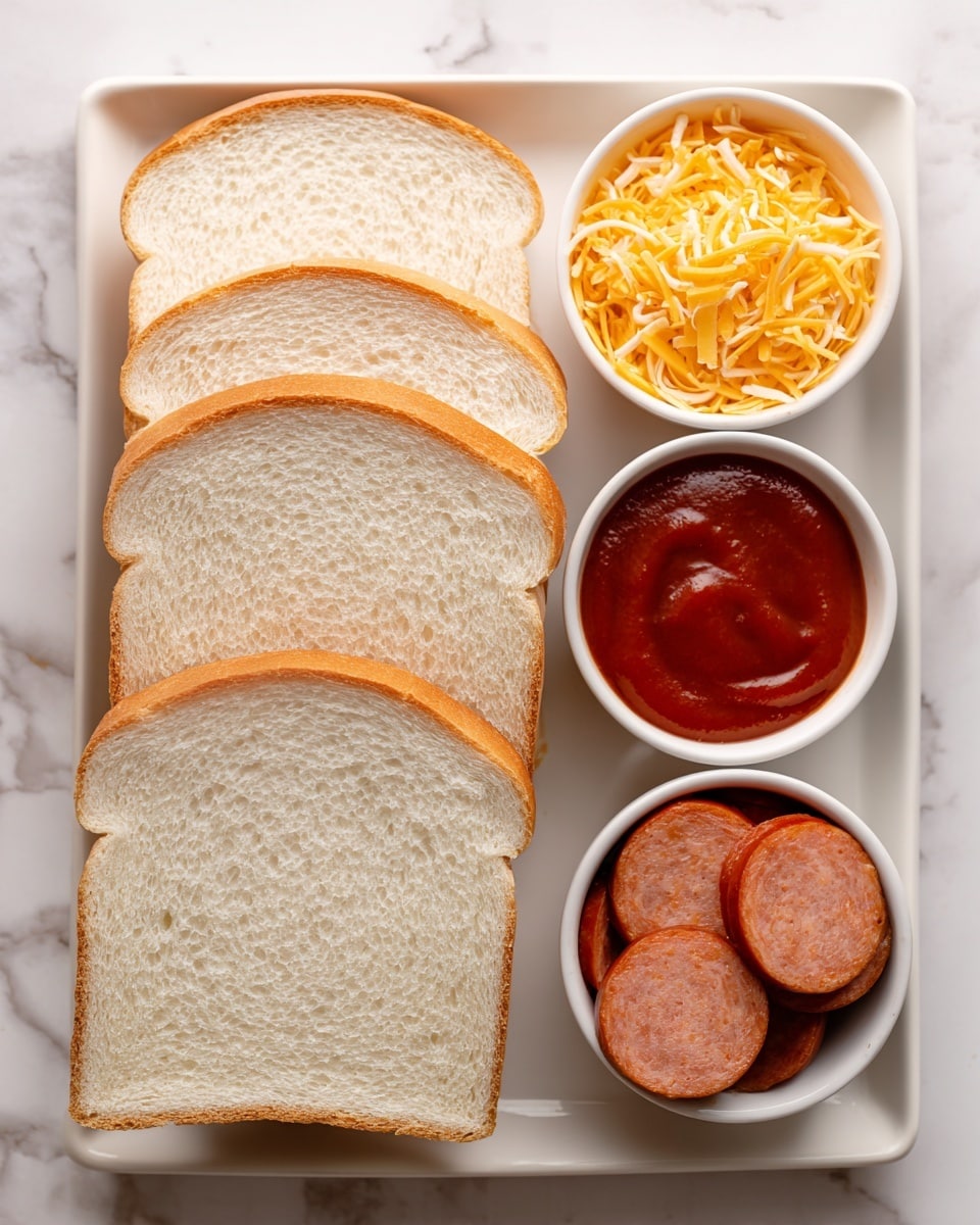 The image shows five slices of white bread stacked slightly overlapping on a white rectangular tray. To the right of the bread are three small white bowls arranged in a vertical line on a white marbled surface. The top bowl contains shredded yellow cheese. The middle bowl holds a smooth red sauce. The bottom bowl is filled with sliced sausage rounds, each with a reddish-brown color and visible texture. The overall setting is clean and simple with a white marbled background. Photo taken with an iphone --ar 4:5 --v 7