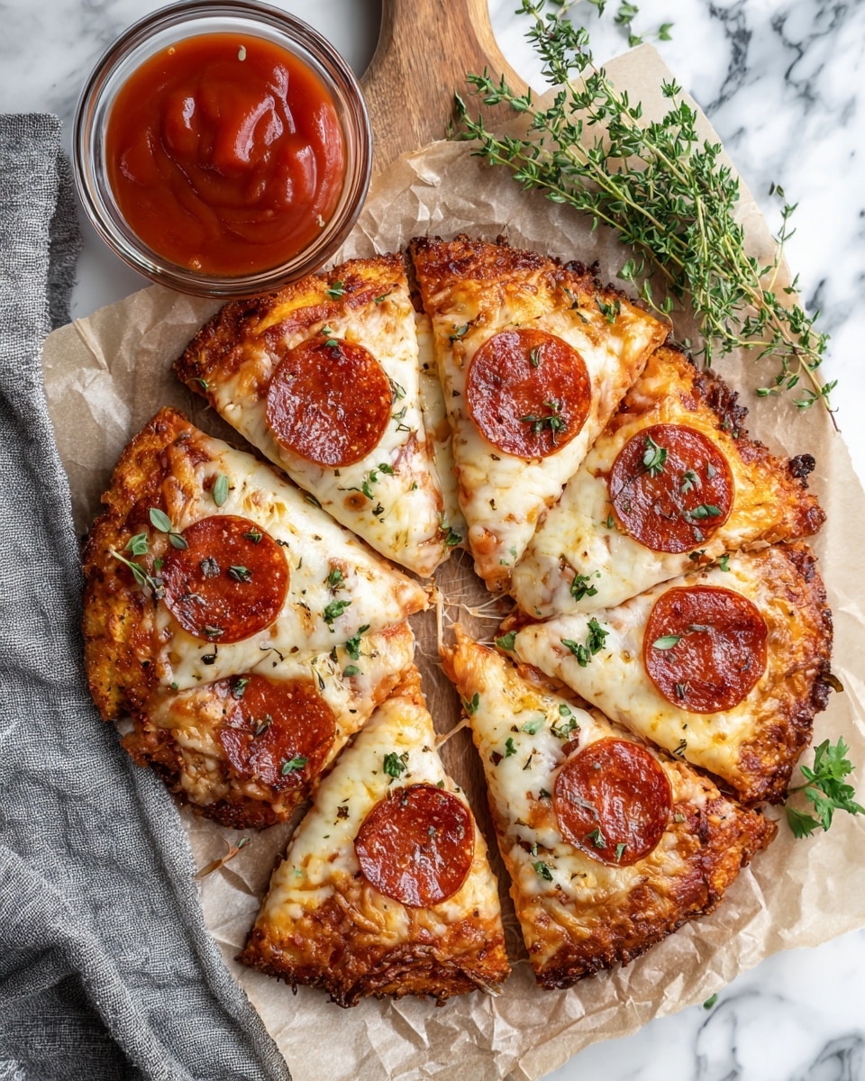 A round pizza sliced into five pieces sits on parchment paper on a wooden board, placed on a white marbled surface. The pizza has a thick golden crust with a slightly crispy texture. On top, there is a layer of melted white cheese with a smooth, creamy look, covered with bright red pepperoni slices that have a glossy, oily finish. Green herbs are scattered over the pizza, adding a fresh touch. To the side, there is a small glass bowl filled with red tomato sauce, decorated with a green parsley sprig and a thyme branch nearby. A gray cloth napkin is partially visible in the corner. Photo taken with an iphone --ar 4:5 --v 7