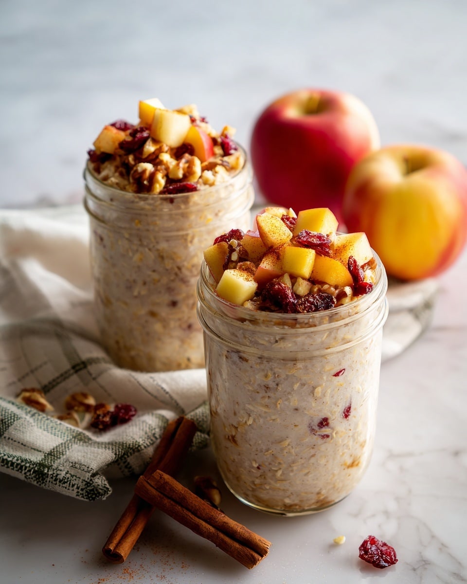 The image shows two clear glass jars filled with creamy oats mixed with small pieces of red apple, cinnamon, and dried cranberries. On top of each jar, there are tiny chunks of apple and dried cranberries scattered, adding a colorful red and light brown contrast. The jars are placed on a white marbled surface with a white cloth that has orange and green circles. Behind the jars, there are two whole red apples and two cinnamon sticks lying on the surface. A woman's hand is holding one jar on the right side. The overall look is fresh and inviting with soft natural light. photo taken with an iphone --ar 4:5 --v 7