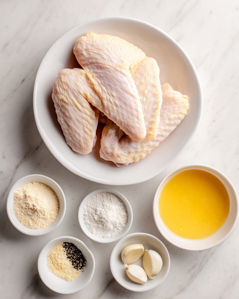 A white bowl on a white marbled surface holds five raw chicken wings, light pink and pale yellow in color with smooth skin. Below the bowl are four small white bowls arranged in a loose arc; the bowl on the left has a pale beige powder, the center bowl has a white powder, the bottom-right bowl has three garlic cloves, and the bottom center bowl contains a mix of light tan powder and a small amount of black powder together. To the right of these, there is an additional small white bowl filled with a beaten egg mix that is smooth and yellow-orange in color. Photo taken with an iphone --ar 4:5 --v 7