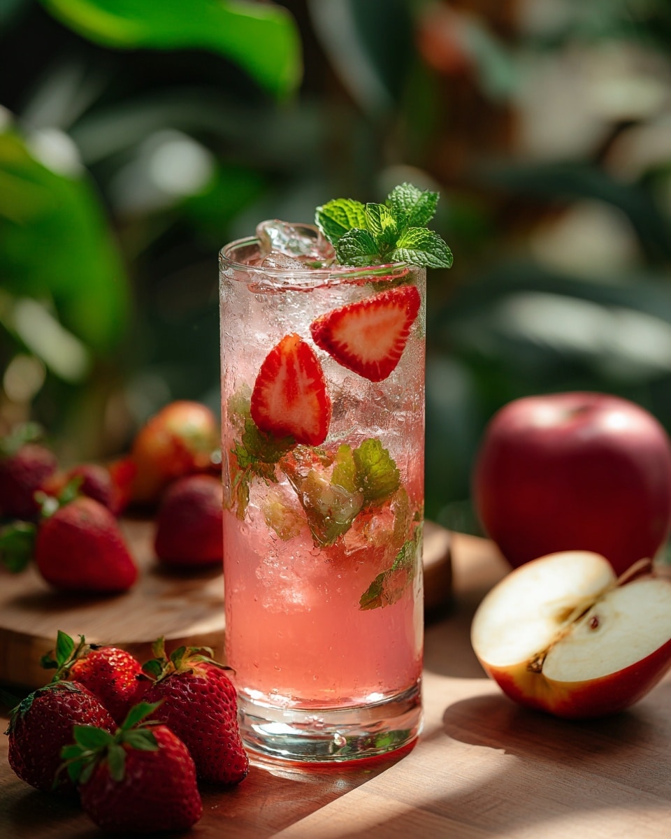 A tall clear glass is filled with a pink drink that has ice cubes inside. There are several slices of strawberry floating in the drink along with green mint leaves. Around the glass, on a wooden surface, there are whole red apples, some apple halves with visible seeds, and fresh strawberries with green leaves. In the background, there are green and pink flowers and blurred garden plants, all set on a white marbled texture. A woman's hand is gently touching the glass. photo taken with an iphone --ar 4:5 --v 7