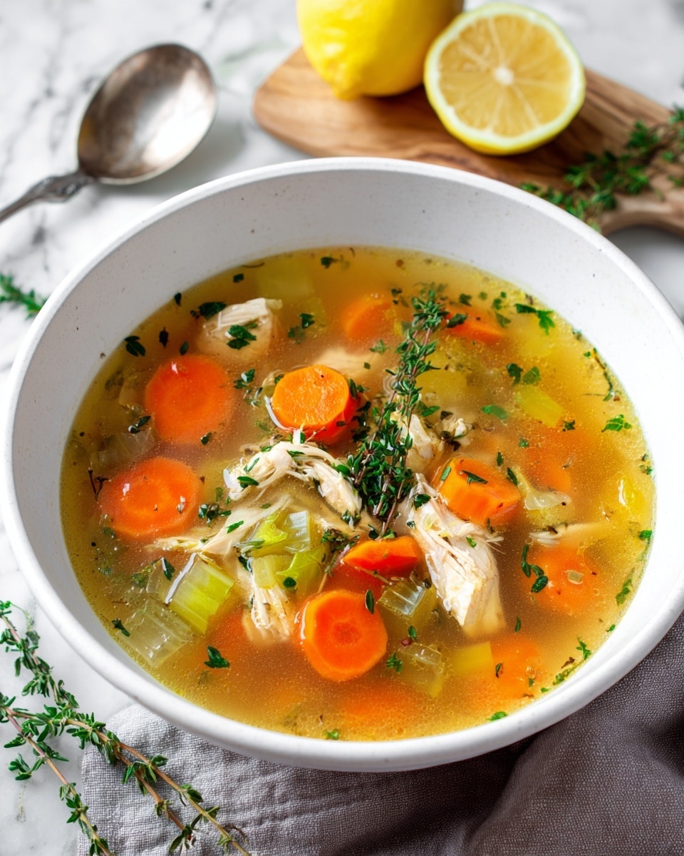 A white bowl on a white marbled surface holds a soup with several layers: orange carrot slices, light brown pieces of chicken, and translucent pale onion slices are mixed with finely chopped dark green herbs floating in a clear golden broth. On top of the soup, fresh sprigs of thyme lay across the ingredients for garnish. In the background, two lemon halves sit on a wooden board beside a spoon, adding a fresh touch. photo taken with an iphone --ar 4:5 --v 7
