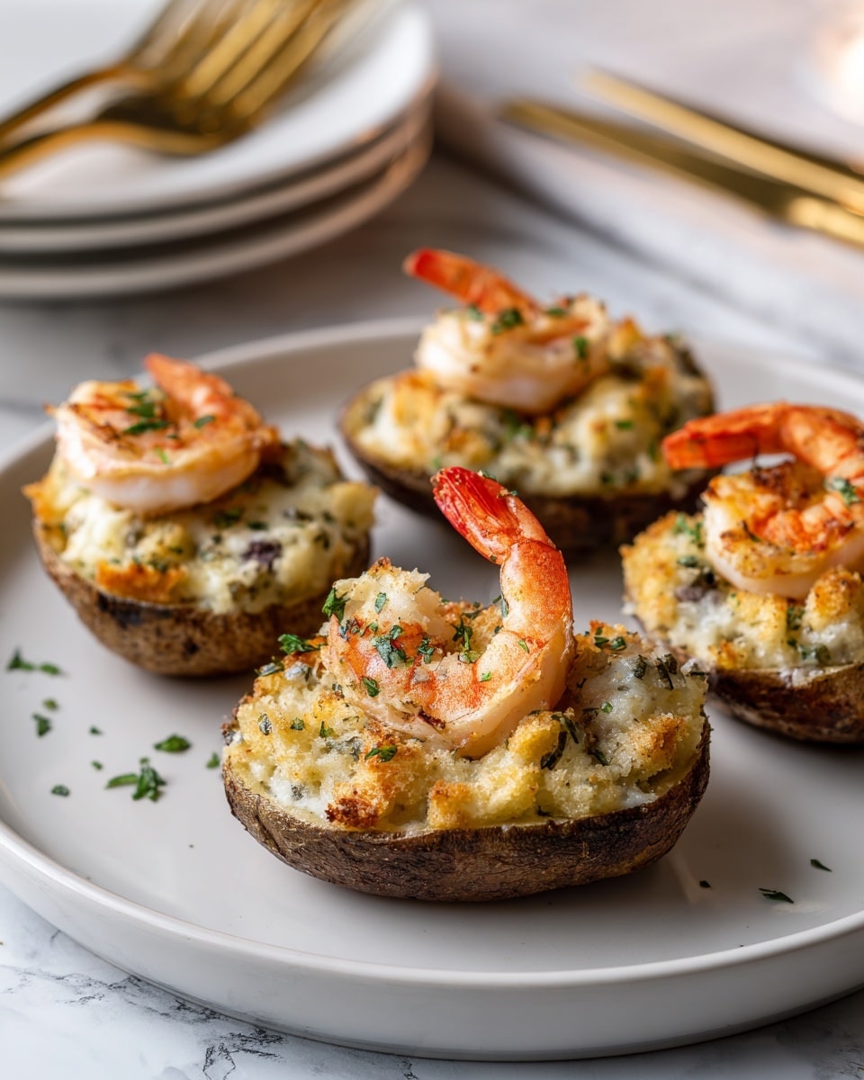 Four stuffed potato halves sit on a round white plate with a light speckled finish, placed on a white marbled surface with a wooden edge. Each potato half has a brown outer skin and is filled with a creamy mixture topped with a golden, crispy breadcrumb layer. On top of the breadcrumb crust sits a single pink shrimp with visible grill marks and sprinkled green herbs. The background includes blurred metallic forks and stacked white plates, with a soft-focus dark gray cloth nearby. The lighting highlights the textures and warm colors of the dish photo taken with an iphone --ar 4:5 --v 7