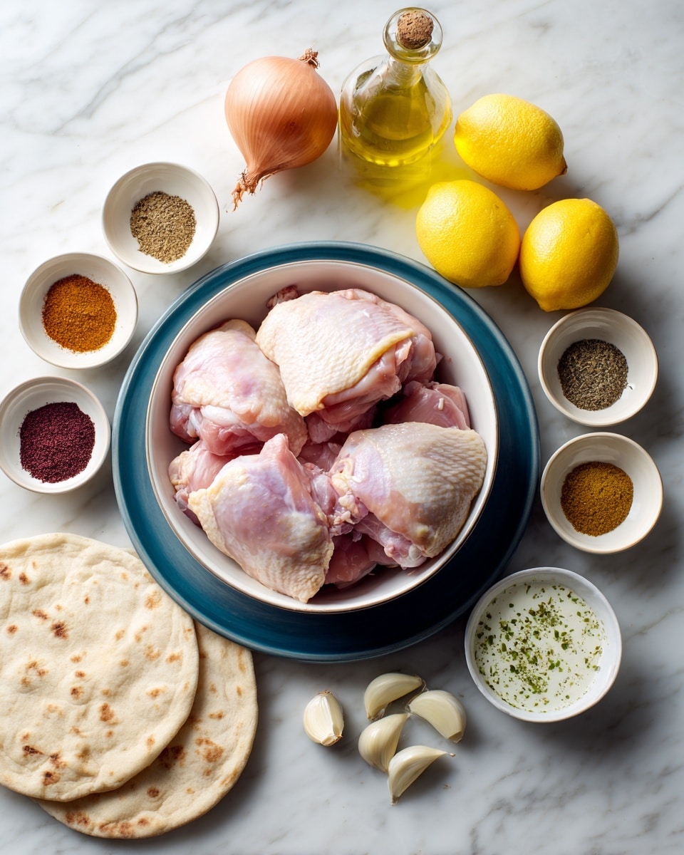 The image shows a white bowl filled with raw pink chicken thighs placed on a blue tray. Next to the bowl on the tray are two yellow onions—one whole and one half—along with three peeled garlic cloves. Surrounding the tray are small white bowls with different colored spices including red, brown, green, and black, a clear glass bottle with golden olive oil, two yellow lemons, round white pita bread, and a small white bowl of white sauce with green herbs. The entire setup is on a white marbled surface that gives a clean and bright background for the ingredients. photo taken with an iphone --ar 4:5 --v 7