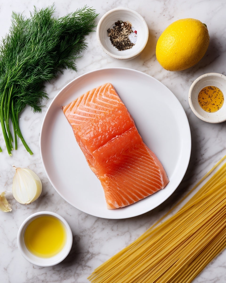 The image shows a raw salmon fillet with skin on, placed centered on a white round plate. Around the plate, there are six items placed on a white marbled surface: a bunch of green dill to the top left, a whole yellow lemon above the plate, a small round yellow onion top right, a small white bowl with yellow oil and black seasoning to the right of the onion, a drizzle of brown sauce in a white bowl just below the bowl with seasoning, a bowl of white cream below the brown sauce, and long uncooked spaghetti strands spread out horizontally on the left bottom side. Photo taken with an iphone --ar 4:5 --v 7