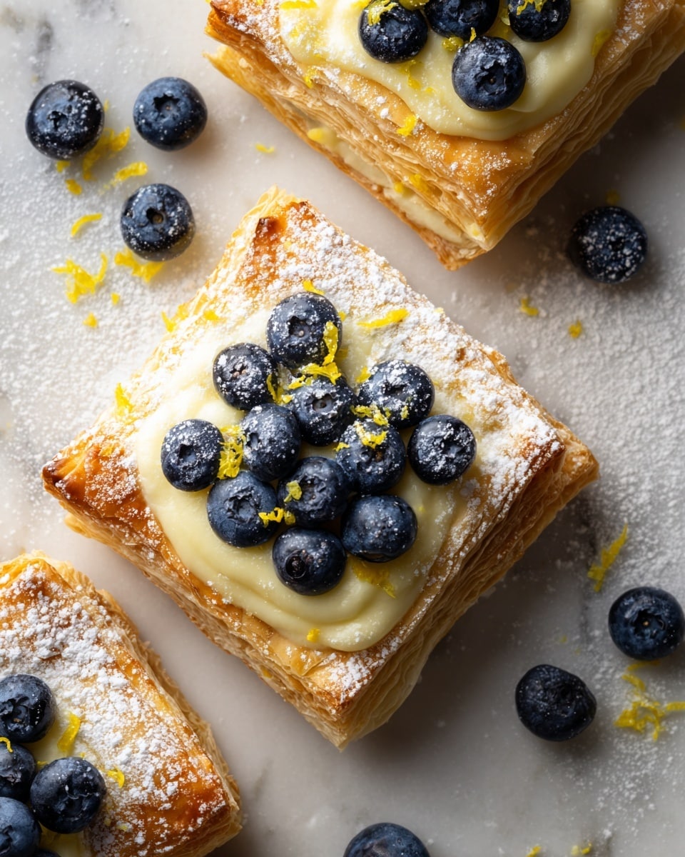 Three square pastries with golden, flaky layers form the base, each topped with a smooth, pale yellow cream layer that fills the center. On top of the cream, a pile of fresh, dark blue blueberries is scattered, some with light dusting of white powdered sugar and tiny bits of yellow zest over them. Powdered sugar also lightly covers the edges of the pastry. Extra blueberries lie around the pastries on a white marbled surface. In the background, a bright yellow lemon wedge is partly visible. photo taken with an iphone --ar 4:5 --v 7