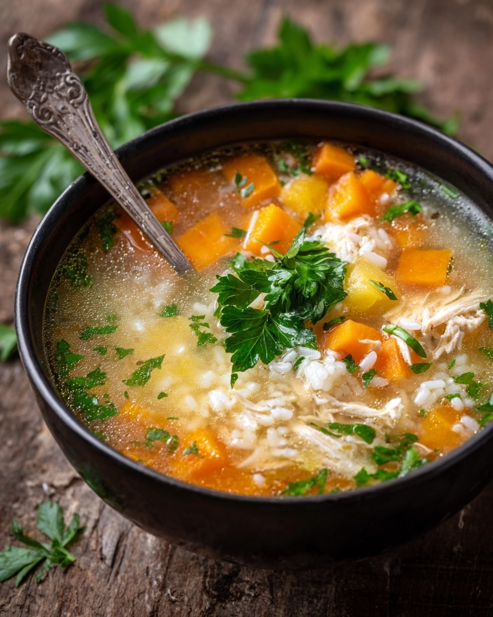 The image shows a black bowl filled with a clear broth soup containing several layers of ingredients. The first layer is the light broth, with a slight shine, filling the bowl almost to the top. Floating on the surface are small cubes of light yellow potato, orange carrot pieces, white rice grains, and chunks of brown organ meat with a soft, uneven texture. There is also a small brown bay leaf resting among the ingredients. In the center, a sprig of bright green parsley adds a fresh touch. A silver spoon with a decorated handle is placed inside the bowl on the right side, partially submerged, with the woman's hand holding it and visible in the corner of the image. The bowl is resting on a white marbled background with some green leafy garnish blurred in the background. photo taken with an iphone --ar 4:5 --v 7