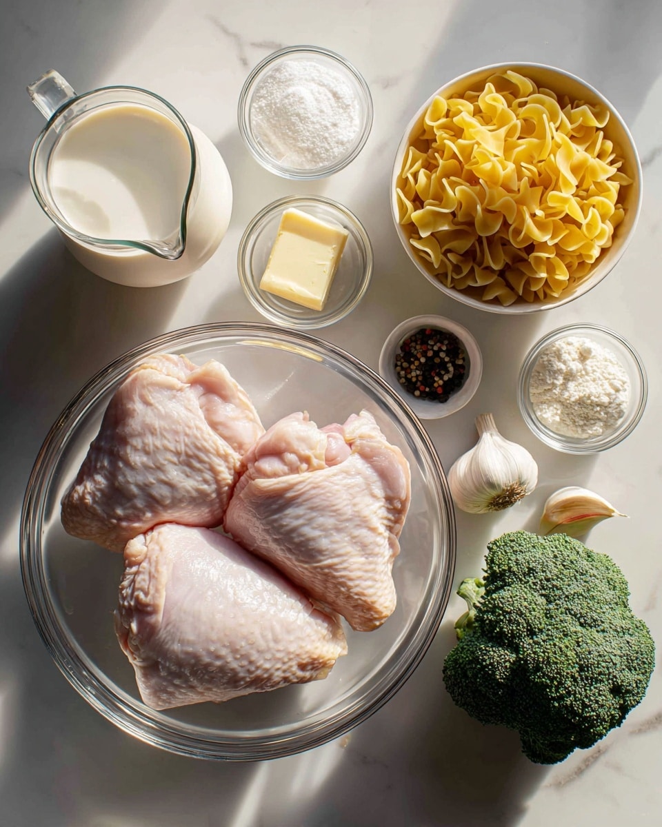 The image shows raw ingredients placed neatly on a white marbled surface. There is a clear glass bowl in the center containing two pieces of raw chicken thighs, pale pink in color with smooth skin. To the right of the chicken, there is a white bowl filled with dry yellow ribbon pasta. Near it, small clear bowls hold white granulated seasoning, a small block of pale butter, and white powder. To the left of the chicken bowl, a small glass pitcher is filled with creamy white milk. In the front center, a fresh green broccoli head displays its tight florets and vibrant color. A few cloves of garlic and a small amount of black peppercorns sit near the other ingredients. The lighting highlights natural textures and colors, making everything look fresh and ready for cooking. Photo taken with an iphone --ar 4:5 --v 7