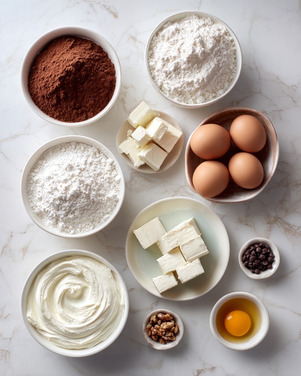 This image shows a white marbled surface with several white bowls and small white containers neatly arranged. There are five white bowls: one filled with brown cocoa powder, one with four brown eggs, another with white flour, a large bowl holding thick white cream, and a bowl with small brown nuts. Additionally, there are three small white dishes holding blocks of cream cheese, a small bowl with dark chocolate chips, and two tiny bowls containing vanilla extract and an egg yolk. Everything is spread out evenly in rows, giving a clear view of each ingredient. Photo taken with an iphone --ar 4:5 --v 7