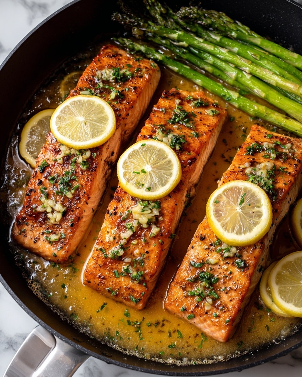 Three thick, grilled salmon fillets with a crispy golden-brown top layer lie side by side in a black pan filled with a light yellow garlic butter sauce. Each salmon piece is topped with small light green herb bits and a thin round slice of lemon. Bright green asparagus stalks rest along the left edge of the pan. The background is a white marbled texture. photo taken with an iphone --ar 4:5 --v 7
