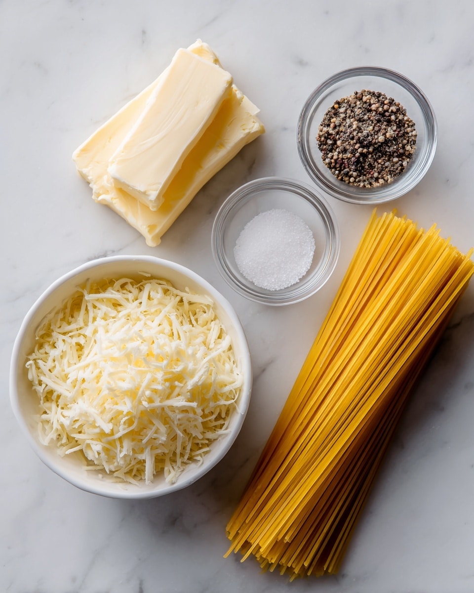 The image shows cooking ingredients on a white marbled surface. There is a bundle of dry yellow spaghetti laying flat on the right side. On the left, there is a small white bowl filled with finely grated pale yellow cheese. Above the bowl, there is a stick of unsalted butter resting on the surface next to two small clear glass bowls, one filled with white salt and the other with black pepper. The textures vary from smooth butter, stringy dry pasta, and fluffy shredded cheese, all placed neatly and clearly separated. Photo taken with an iphone --ar 4:5 --v 7