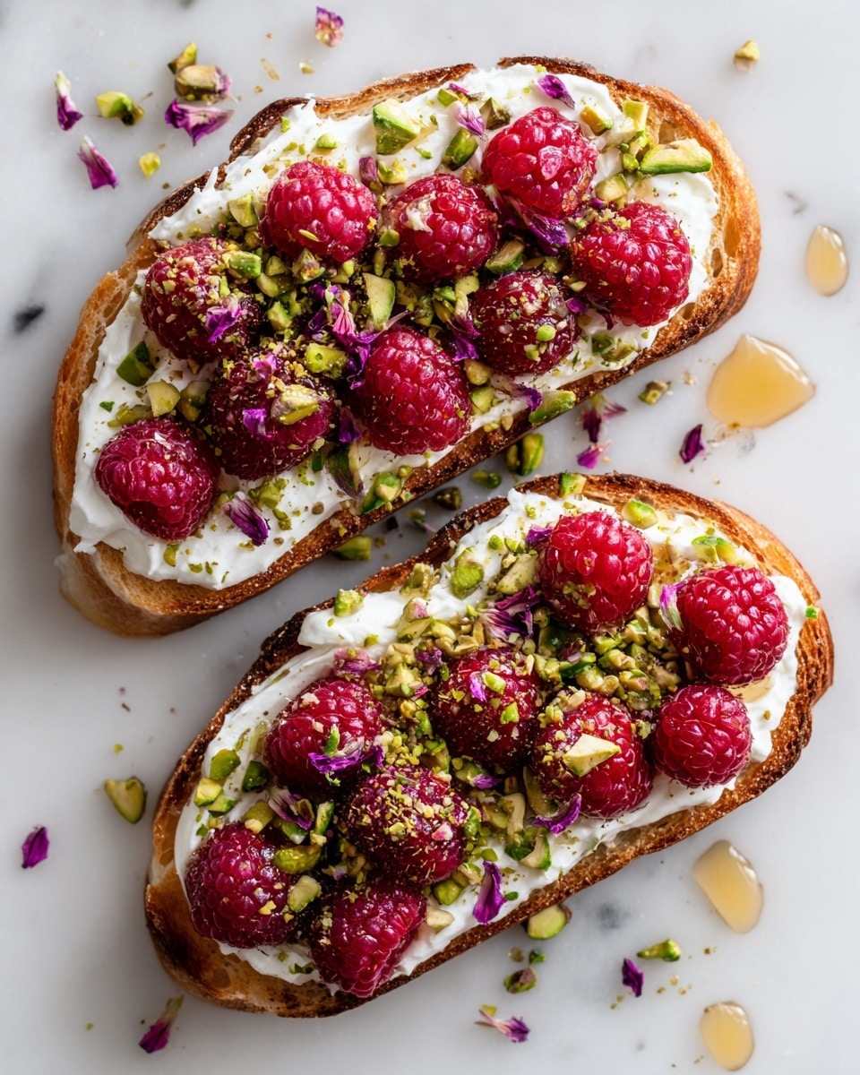 Two slices of toasted bread lay side by side on white marbled texture with a piece of parchment paper underneath. Each slice is topped with a thick layer of creamy white spread, evenly covering the surface, followed by scattered bright red fresh raspberries. Small green chopped pistachios and bits of purple flower petals are sprinkled on top, adding color contrast. A light drizzle of honey covers the toppings and pools slightly on the parchment around the bread, and extra raspberries are scattered nearby. A wooden honey dipper rests at the bottom, lightly coated with honey. photo taken with an iphone --ar 4:5 --v 7
