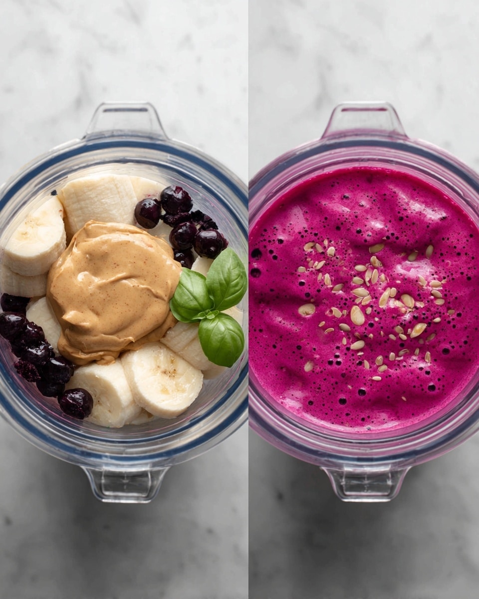 The image shows two close-up views of a clear blender jar placed on a white marbled surface. The first view has separate layers inside the jar, starting with dark blue and purple frozen berries and light beige frozen banana pieces at the bottom. On top of that, there is a smooth dollop of light brown peanut butter, off-white creamy yogurt, and some small light and dark brown flaxseeds scattered in the middle. The second view shows the same blender jar filled with a smooth, thick bright magenta smoothie mixture with small bubbles on its surface. Green basil leaves are seen in the top left corner of both images. Photo taken with an iphone --ar 4:5 --v 7