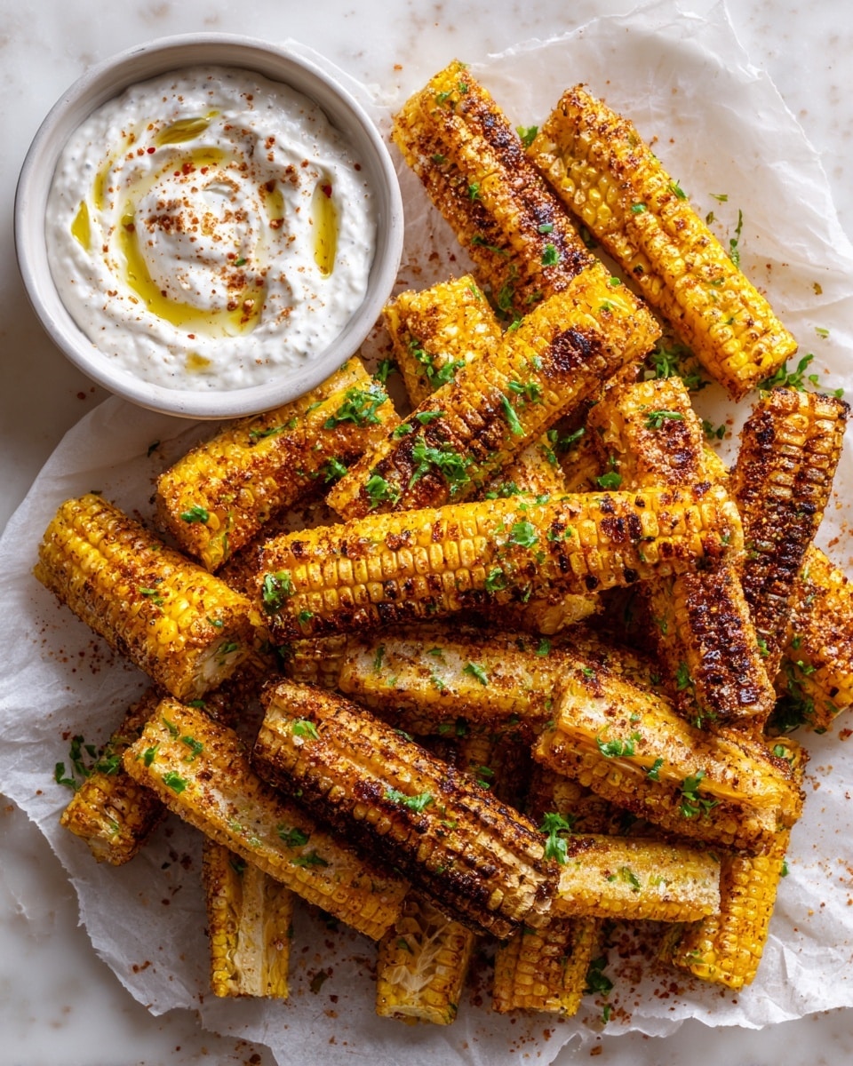 The dish shows many grilled corn pieces, each cut into long, curved strips with charred marks and a bright yellow color. They are sprinkled with finely chopped green herbs and a dash of red spice. On the top left of the white plate, there is a small white bowl with creamy light pink sauce, decorated with a swirl of red spice. The plate sits on a white marbled surface. photo taken with an iphone --ar 4:5 --v 7