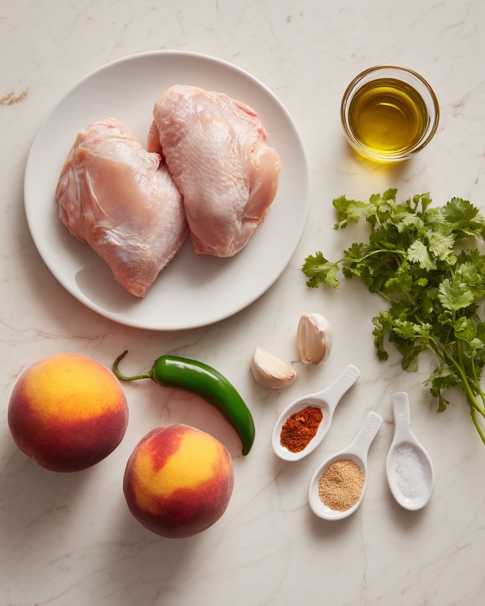 Two raw chicken pieces rest on a white plate positioned at the top left, while to the right of the plate is a small glass container of olive oil. Towards the top right are four small piles of spices in light brown, off-white, and reddish shades. Below the chicken and oil, on a white marbled surface, sit a whole peach on the left, a green chili in the center, and a bunch of fresh cilantro with roots on the right. Below them, three white measuring spoons hold a small amount of mustard seed powder, salt, and a reddish-brown sauce. Two garlic cloves are near the center between the chili and peach. The whole setting is laid on a white marbled texture. photo taken with an iphone --ar 4:5 --v 7