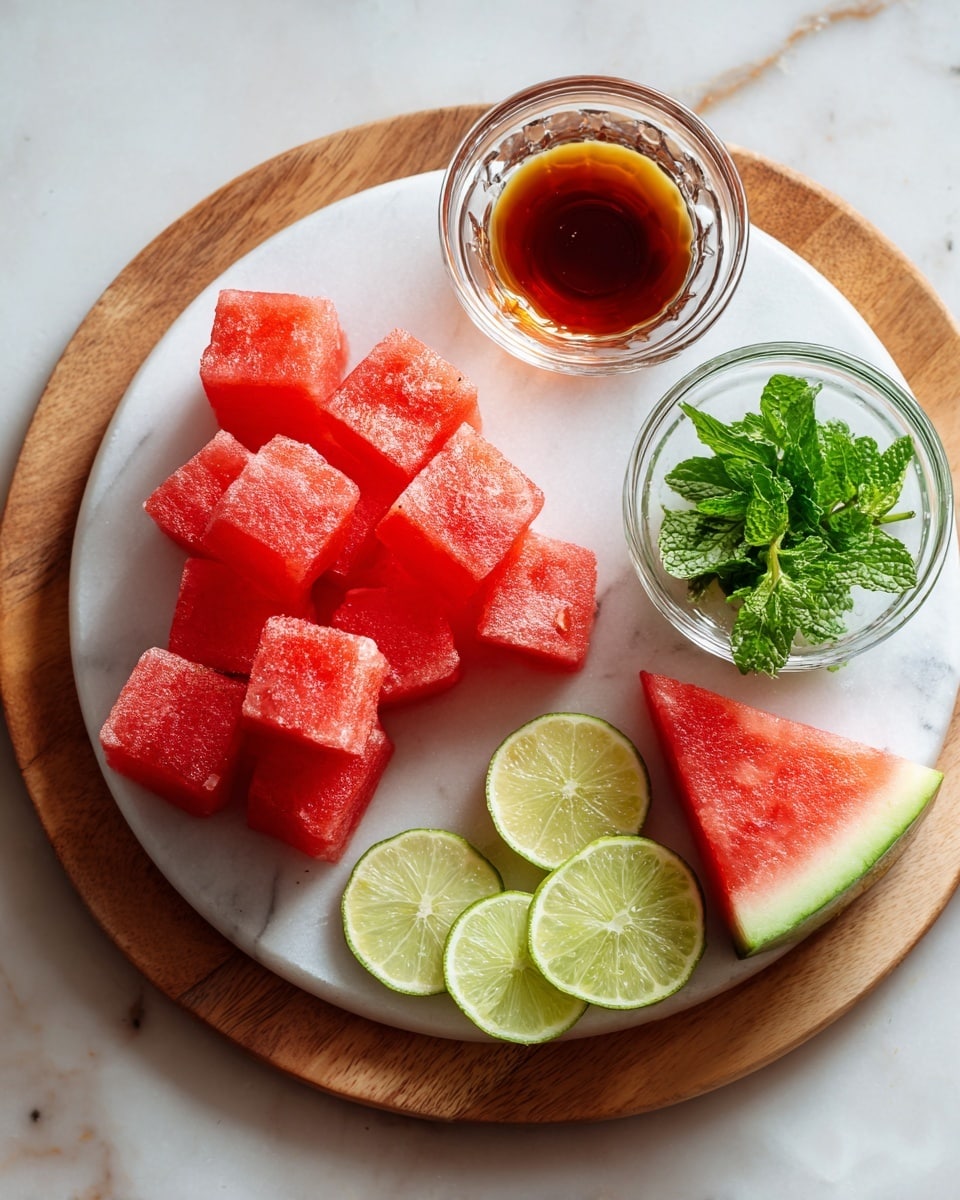 A top view of a round white marble plate on a wooden board, placed on a white marbled surface. The plate holds bright red frozen watermelon cubes piled on the left side, a small clear glass bowl filled with fresh green mint leaves on the upper right, and a small clear glass filled with a dark amber liquid in the middle. On the lower right, there is a small triangular slice of watermelon with green rind and red flesh. Around the bottom edge of the plate are several lime pieces, including a half lime with light green flesh on the left and four lime wedges spread out towards the lower center and right. photo taken with an iphone --ar 4:5 --v 7