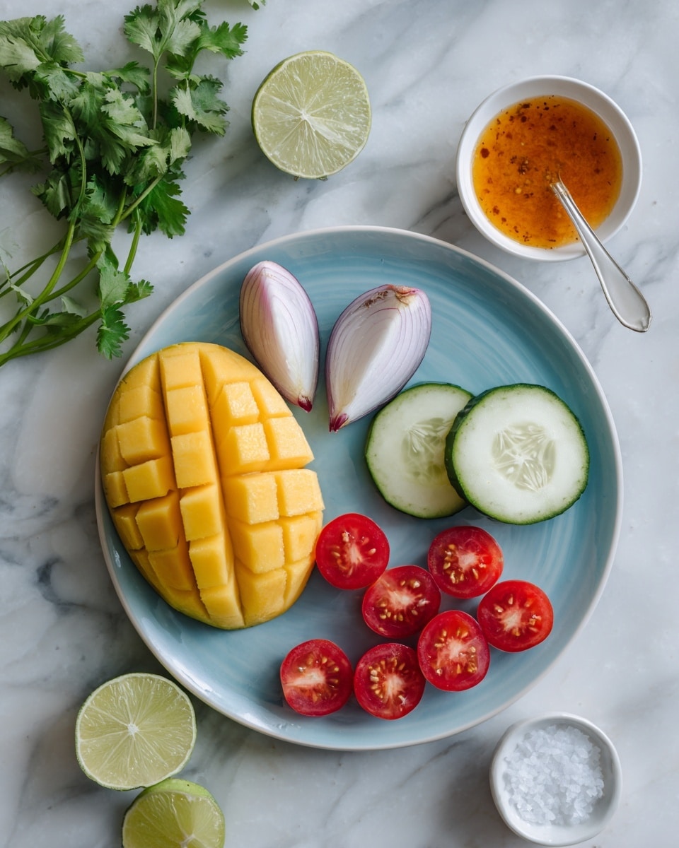 A light blue plate sits on a white marbled surface with a half mango scored in a grid pattern showing bright yellow flesh on the bottom left. Above the mango, two halves of a small shallot with a pale purple and white texture are positioned vertically. To the right of the shallots, a thick slice of cucumber with a green peel and pale interior sits. On the bottom right of the plate, five cherry tomato halves with a juicy red interior are arranged in a loose group. Lime wedges are placed around the plate on the surface, along with a white spoon holding an orange sauce and a small white bowl with coarse white salt. A sprig of fresh green cilantro is at the upper left near the lime wedges photo taken with an iphone --ar 4:5 --v 7