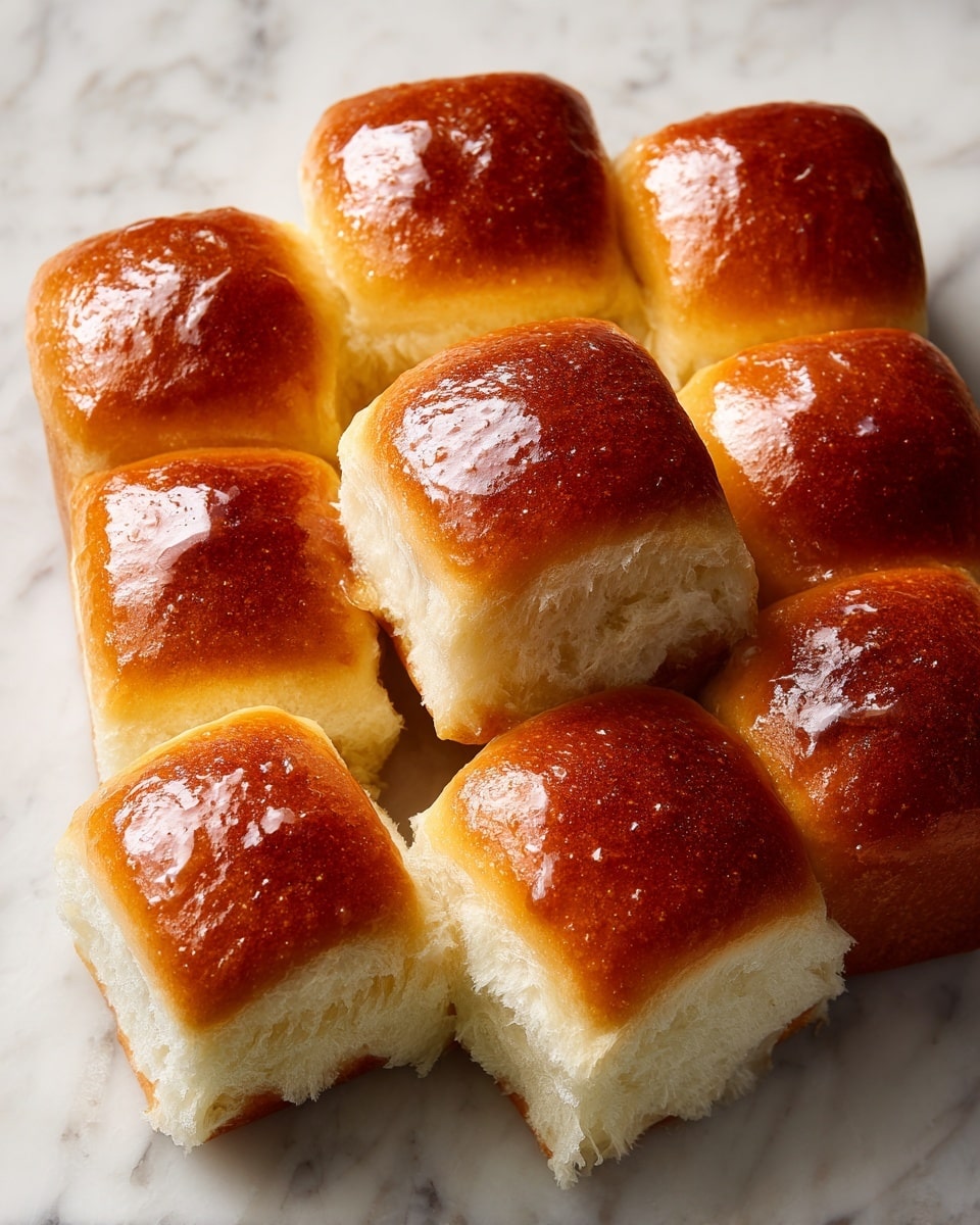 The image shows a blue and white patterned baking dish filled with six golden brown rolls arranged in two rows of three. A woman's hand holds a blue brush applying a glaze on the top of the rolls, which look soft and fluffy. The dish is placed on a woven mat, and in the background, there is a small white bowl with some yellow liquid. The light highlights the shiny surface of the rolls, making them look fresh and warm. The setting is on a white marbled surface. photo taken with an iphone --ar 4:5 --v 7