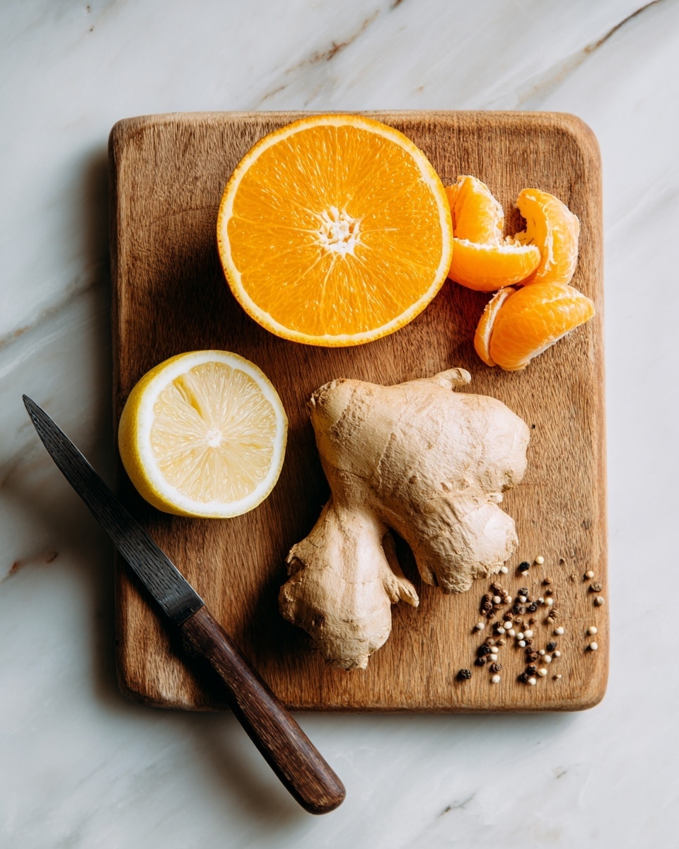 The image shows a wooden cutting board on a white marbled surface. On the board, there is a halved orange with bright orange flesh and some orange peel curls next to it on the top right. Below the orange is a large piece of light brown ginger root. To the left of the ginger, there is a halved lemon showing its pale yellow inside. Above the lemon, there is a small sausage with a browned exterior and some scattered black pepper around it. A dark knife with a simple handle lies flat on the surface to the left of the cutting board. A woman's hand is not visible but implied by the composition. Photo taken with an iphone --ar 4:5 --v 7