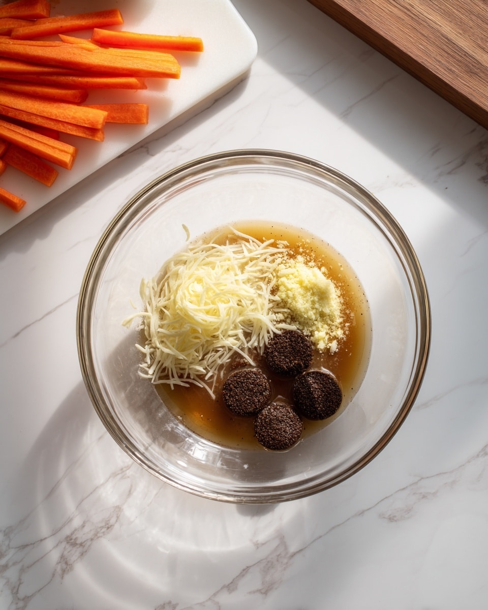 The image shows a clear glass bowl on a white marbled surface, containing several ingredients layered separately. At the bottom, there is a light brown liquid, likely a sauce or dressing, pooling around the glass sides. Above it, three small dark brown round pieces rest close together. To one side, there is a mound of finely shredded pale yellow cheese. Nearby, there is a small pile of minced light yellow garlic. In the top left of the image, on the same white marbled surface, there is a white cutting board with many orange carrot sticks lined up neatly. The scene is well-lit with soft natural light. Photo taken with an iphone --ar 4:5 --v 7