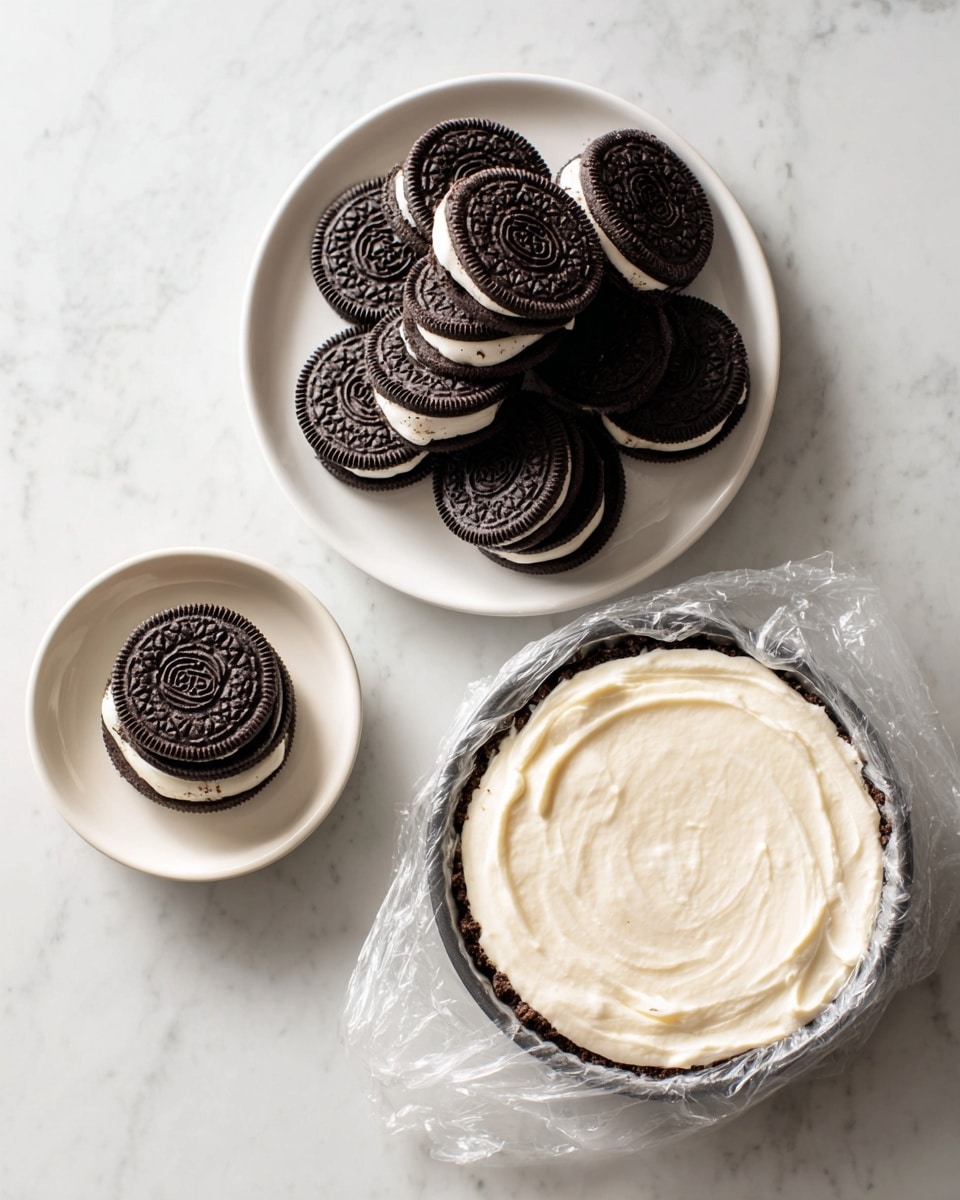 The image shows three main parts arranged on a white marbled surface: on the left, there is a white plate with a pile of dark chocolate sandwich cookies with white filling, the plate is full and some cookies are stacked on top; in the center, a small white bowl contains a single dark chocolate sandwich cookie with white filling, placed flat on a smooth, thick white cream filling; on the right, there is a round cake pan lined with clear plastic wrap, filled with thick white cream and three dark chocolate sandwich cookies pressed along the edge inside the cream, partially submerged. Photo taken with an iphone --ar 4:5 --v 7