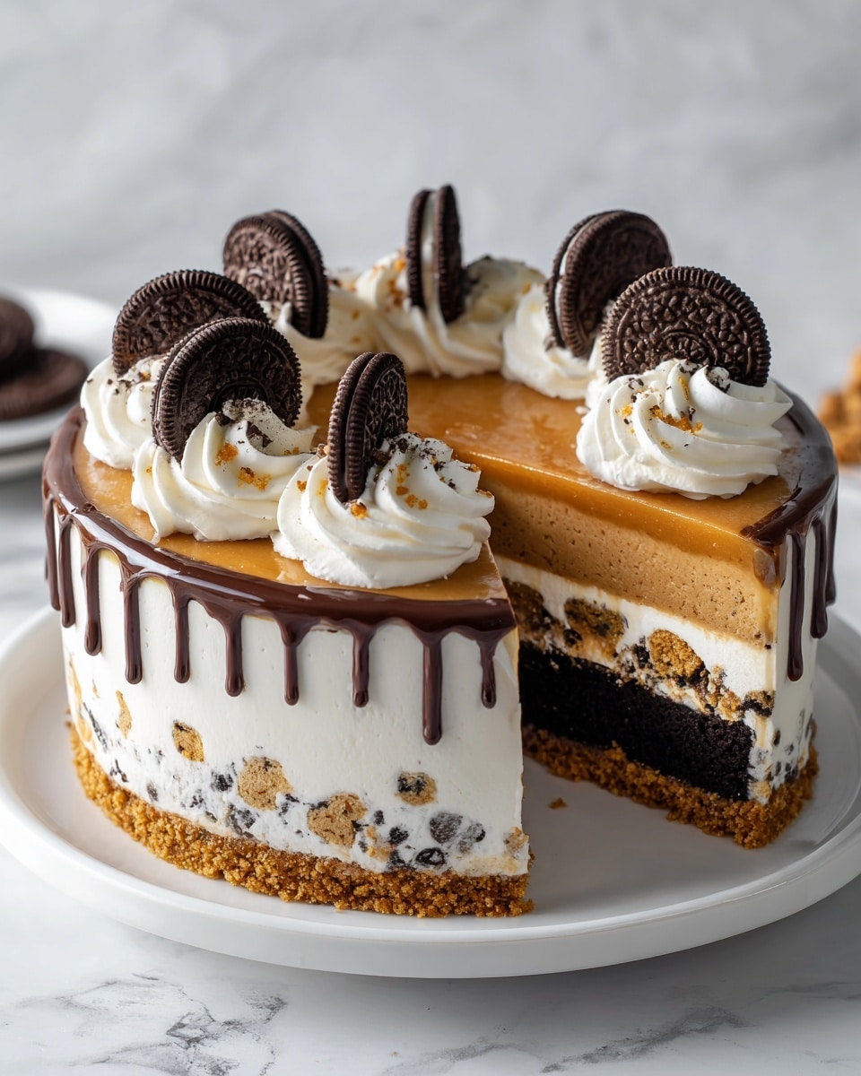 The image shows a round Oreo layered cake on a white plate, placed on a white marbled surface. The cake has five visible layers from bottom to top: a white creamy bottom layer, followed by a layer with crushed Oreo pieces, then a smooth light caramel layer, another dark Oreo cookie layer, and a thick top layer of cookies and cream cream mixed with small Oreo bits. The cake is decorated with white whipped cream swirls around the top edge, each topped with a whole Oreo cookie standing upright. Light chocolate drips run down the sides, adding a rich look. A slice is removed, showing the clean layers inside. Photo taken with an iphone --ar 4:5 --v 7