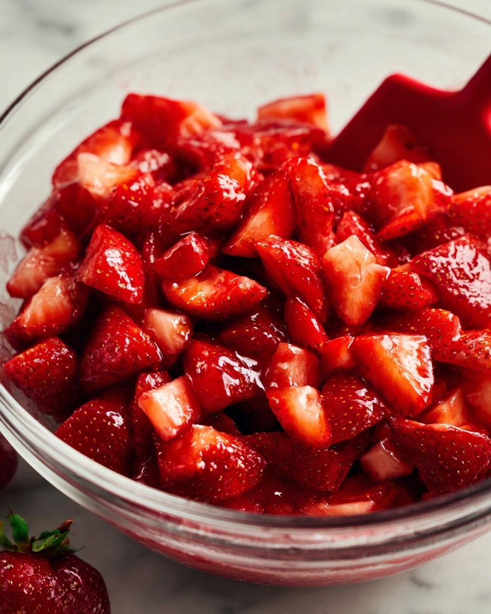 The image shows a clear glass bowl filled with chopped red strawberries, covered in a shiny, slightly juicy texture. The strawberries are cut into small uneven chunks, giving a rough texture. The bowl sits on a white marbled surface. Nearby a few whole strawberries with green leaves are placed, adding bright red and green contrast. A red spatula is partially visible inside the bowl, blending with the strawberries. The close-up side image highlights the juicy, shiny, and textured details of the strawberry pieces. photo taken with an iphone --ar 4:5 --v 7