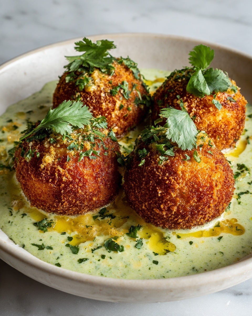 The image shows four round, crispy golden-brown balls placed on a smooth, creamy light green sauce spread evenly on the bottom of a white bowl. Each ball is topped with fresh green herbs, adding a touch of color and freshness. Small bits of herbs are also scattered on the sauce around the balls. The balls have a crunchy texture with a slightly rough surface. The background is a white marbled texture, and the lighting highlights the contrast between the golden balls and the green sauce. photo taken with an iphone --ar 4:5 --v 7