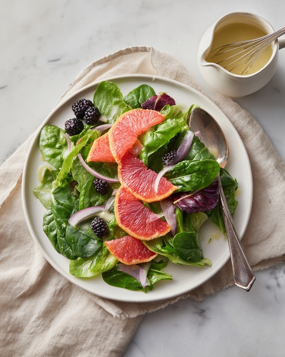 A white plate holds a fresh salad with several layers: at the bottom are green leafy lettuce and spinach with a slightly ruffled texture, mixed with thin slices of red onion scattered on top. Orange slices and bright pink grapefruit rounds lay on the greens, adding vibrant color. Blackberries are placed on top and around for contrast. A silver spoon rests on the salad, partly lifting a piece of lettuce and an orange slice. The plate is on a beige cloth on a white marbled surface. Nearby are small white bowls, one with a whisk inside a pale yellow dressing and another with a small amount of dressing and black pepper. photo taken with an iphone --ar 4:5 --v 7