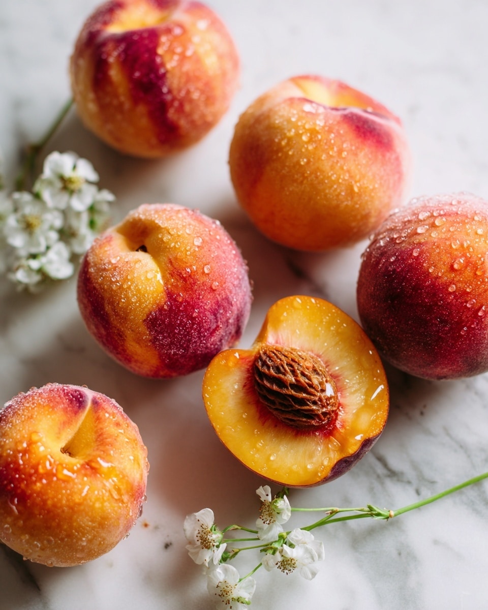 The image shows six whole peaches and one peach cut in half placed on a white marbled surface. The peaches have a soft, fuzzy skin with shades of orange, pink, and red, some with small water droplets on them. The peach cut in half reveals a deep orange flesh with a large textured pit in the center. Near the peaches, a few small white flowers with light green stems are scattered around. The scene is natural and fresh, highlighting the different colors and textures of the peaches and flowers. Photo taken with an iphone --ar 4:5 --v 7
