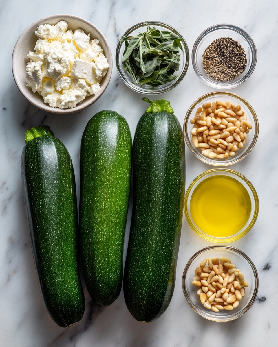 The image shows three whole zucchinis with smooth dark green skins placed diagonally on a white marbled surface. To the right of the zucchinis, there are six small clear glass bowls arranged in two vertical columns: the top bowl contains white crumbly cheese, the second bowl below it has fresh small green leaves, the third bowl holds light brown toasted pine nuts, the fourth bowl contains golden yellow olive oil, the fifth bowl has a light yellow thick liquid, and the bottom bowl is filled with white salt and black pepper. The setup is clean and neatly organized. photo taken with an iphone --ar 4:5 --v 7