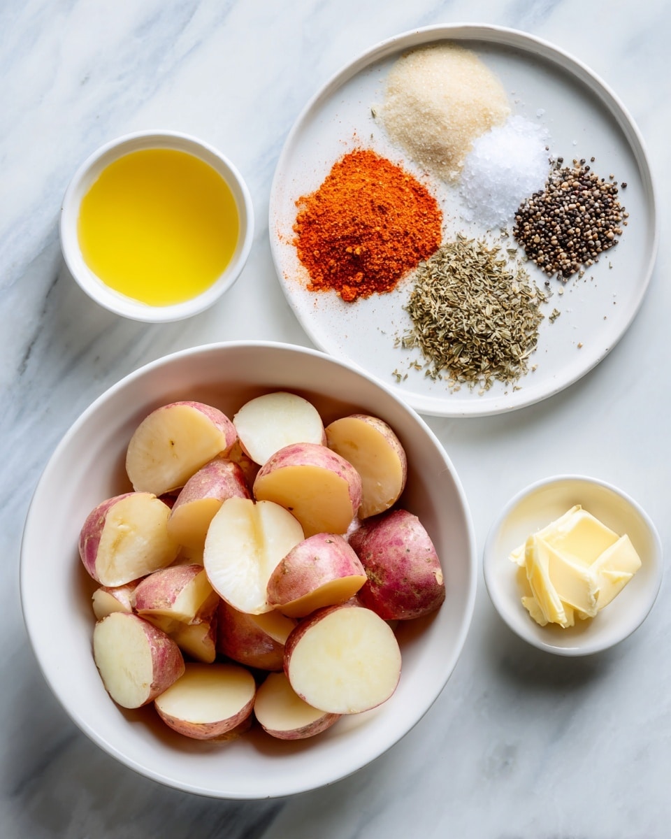 A white bowl filled with many pieces of red potatoes cut in half shows a smooth and pale yellow inside with a pinkish-red skin. Above it is a white plate with five piles of spices arranged in a circle: bright orange-red powder, black and white coarse pepper, white salt crystals, a pale tan powder, and green dried herbs. To the right is a small white bowl filled with melted yellow butter. All items rest on a white marbled surface. photo taken with an iphone --ar 4:5 --v 7