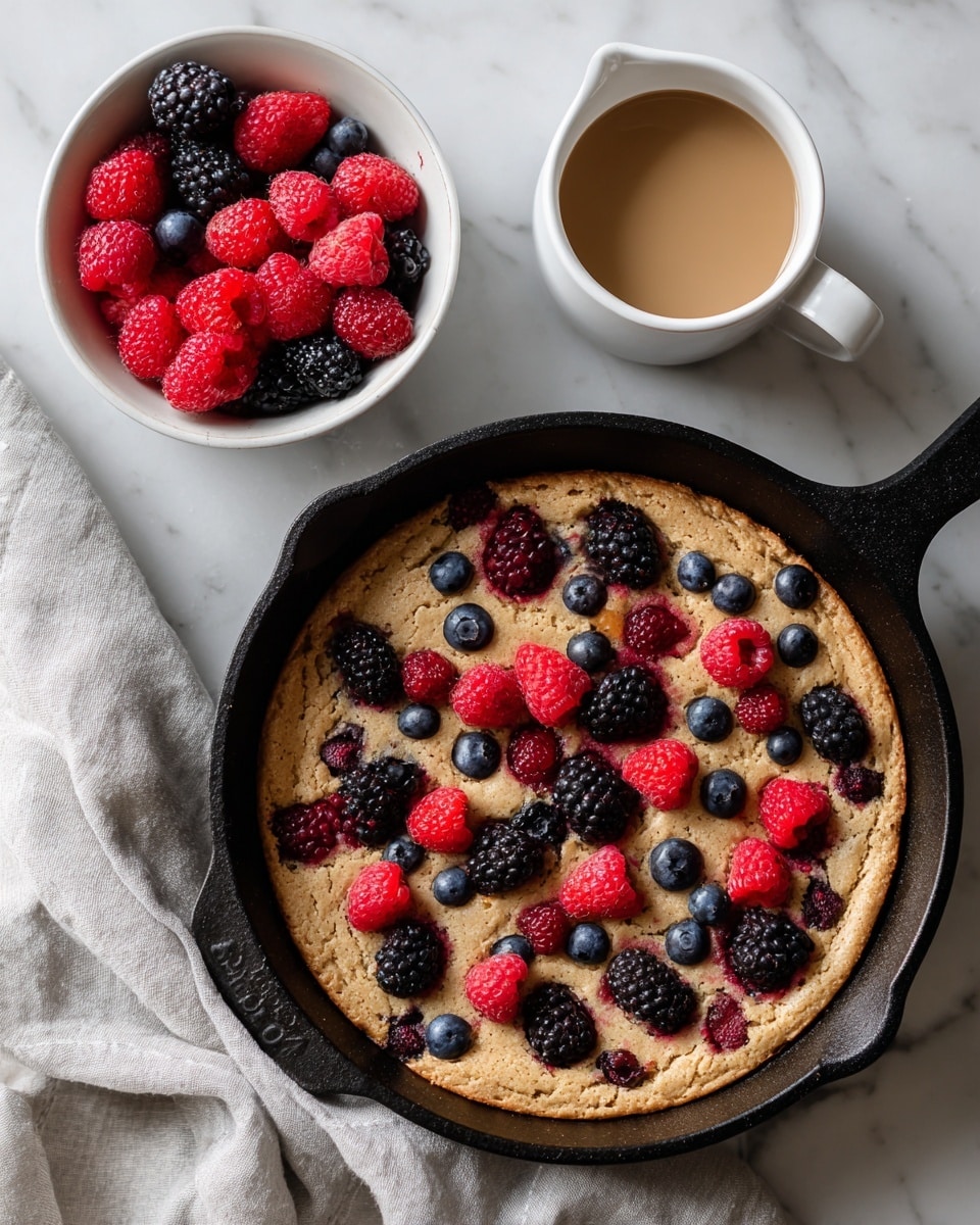 The image shows a cast iron pan filled with a golden-brown baked pancake dotted with blueberries and raspberries, some whole and some slightly sunken into the pancake, giving a textured look. On the side, a white bowl is filled with fresh raspberries, and next to it is a small white cup holding a golden syrup. Both the pan and the bowl rest on a white marbled surface with a crumpled light gray fabric beneath the pan. photo taken with an iphone --ar 4:5 --v 7