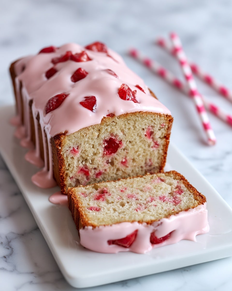 A loaf cake with three visible slices in front lies on a white rectangular plate set on a white marbled surface. The cake has a dense texture, pale yellow inside with small red fruit bits scattered throughout. The top layer is covered with a creamy light pink glaze that also contains pieces of red fruit, dripping slightly over the edges. In the background, there are a few pink and white striped paper straws. Photo taken with an iphone --ar 4:5 --v 7