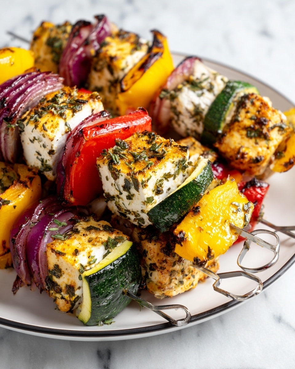 The image shows five grilled skewers arranged closely on a white plate with a thin black rim, placed on a white marbled surface. Each skewer has layers starting from the top with a piece of light brown grilled chicken with herbs, followed by a bright yellow round slice of squash with grill marks, a curved red bell pepper piece with char marks, another piece of chicken with visible grill texture, a thick slice of dark green zucchini with a charred edge, a small slice of purple onion, and ending with a bigger piece of yellow squash at the bottom. The metal skewers have round loops at the top for holding. The food looks freshly grilled, with slight charring creating contrast on the vegetables and chicken. Photo taken with an iphone --ar 4:5 --v 7