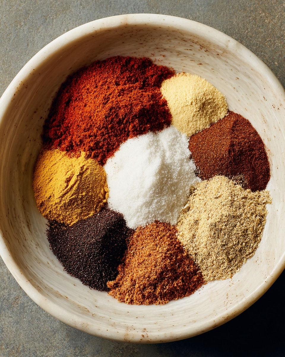 A white bowl with a white marbled texture holds eight small piles of different spices arranged closely. The spices include a bright red-orange powder on the bottom left, a coarse white salt below it, and a sandy yellow pile above the salt. Next to the yellow is a dark brown powder, surrounded by a lighter brown spice and a warm reddish-brown powder. On the top right is a tan, grainy spice and a dark, fine powder. The spices create a colorful, textured mix inside the bowl. photo taken with an iphone --ar 4:5 --v 7