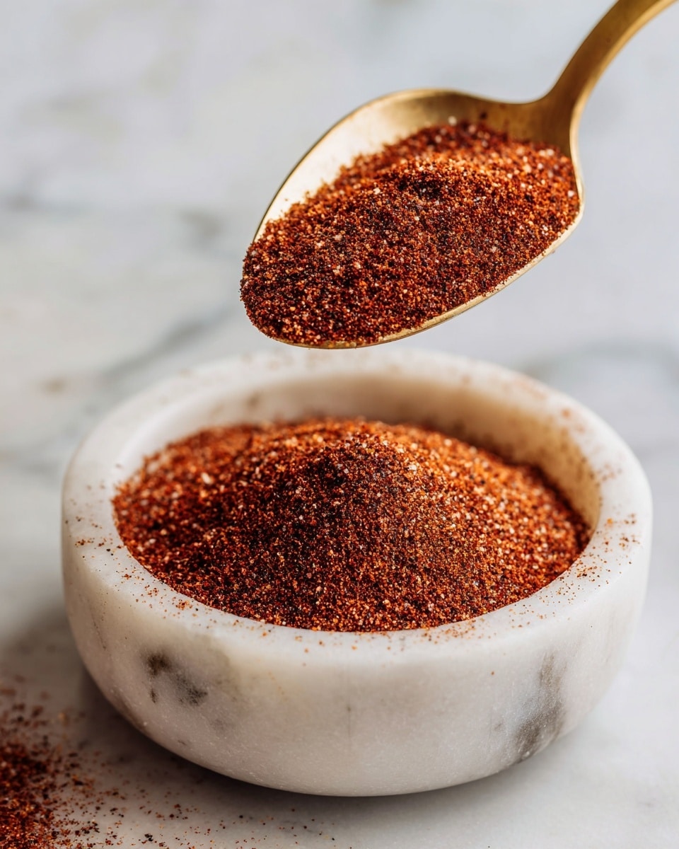 A close-up view of a white marble bowl with fine reddish-brown spice powder spread inside it, showing a slightly uneven texture. On the right side, a golden spoon holds a small mound of the same spice mix, raised above the bowl to display its granular texture clearly. The background is a white marbled texture, and the photo is bright with natural light highlighting the warm tones of the spice powder. photo taken with an iphone --ar 4:5 --v 7