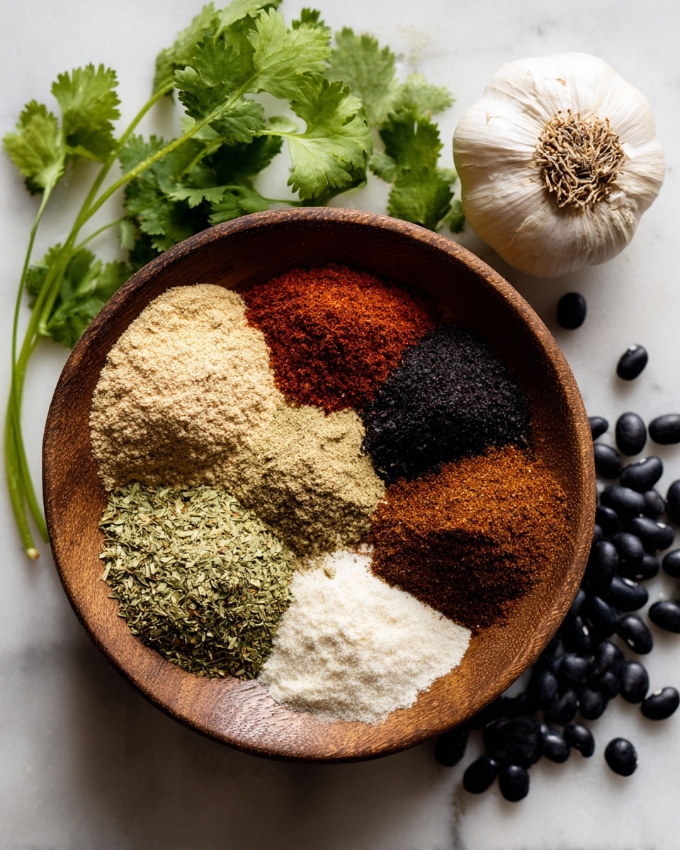 A round wooden bowl sits on a white marbled surface with seven different spices arranged neatly in separate piles inside the bowl, showing colors like light beige, dark red, greenish-yellow, white, and brown. To the left of the bowl, fresh green cilantro leaves with stems are placed, and above them is a whole garlic bulb with light brown and cream skin. To the right side of the bowl, scattered black beans spread outward on the white marbled surface. The light shining on the scene is natural and soft, highlighting the textures of the spices, herbs, and beans. Photo taken with an iphone --ar 4:5 --v 7