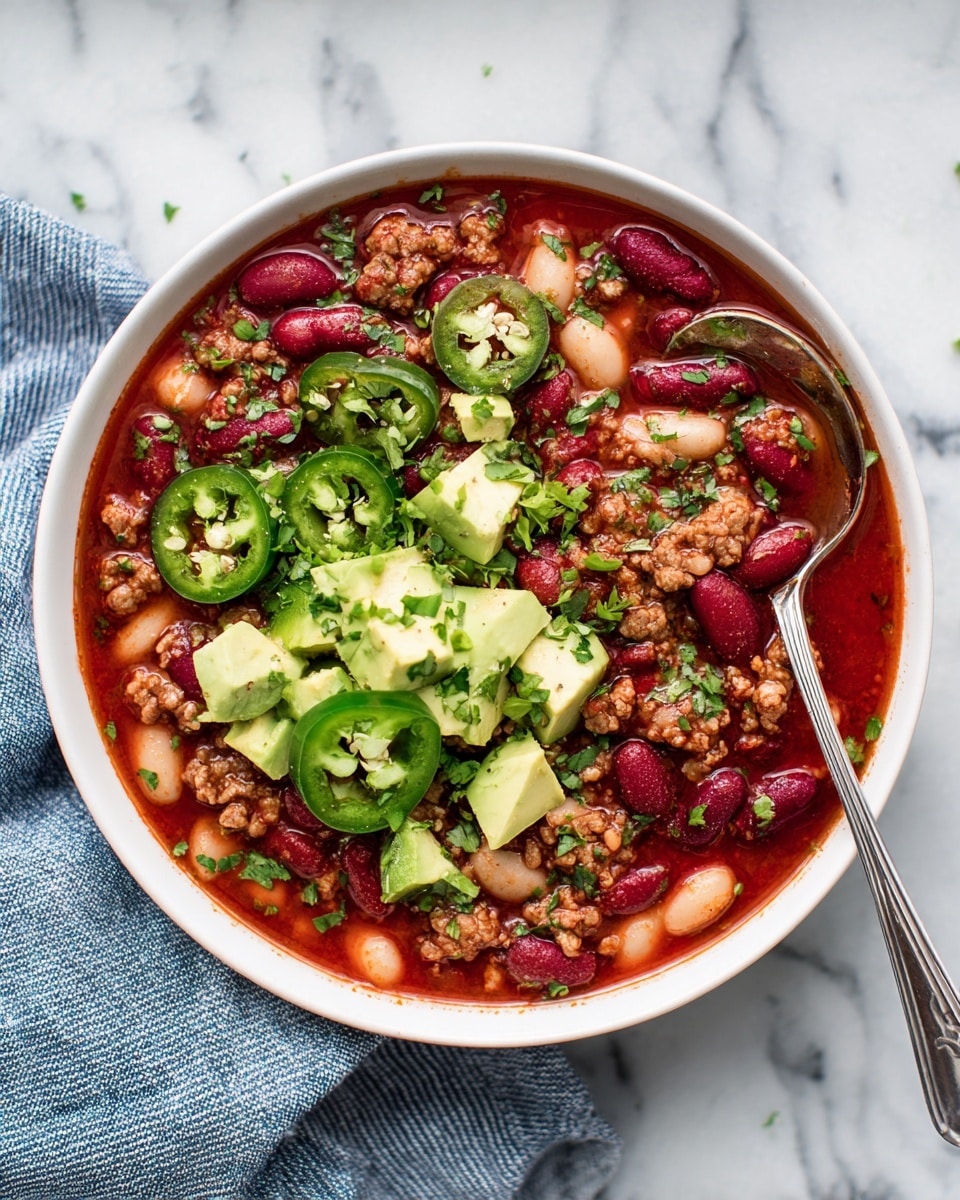 A white bowl filled with a rich, reddish-brown chili layer mixed with crumbled cooked meat and kidney beans, topped with a layer of fresh, diced bright green avocado pieces and several slices of deep green jalapeño. The chili looks thick and hearty with beans and bits of meat visible throughout. Fresh chopped herbs are scattered on top, adding a touch of green. A silver spoon rests inside the bowl on one side. The bowl sits on a white marbled surface next to a blue and white striped cloth. photo taken with an iphone --ar 4:5 --v 7