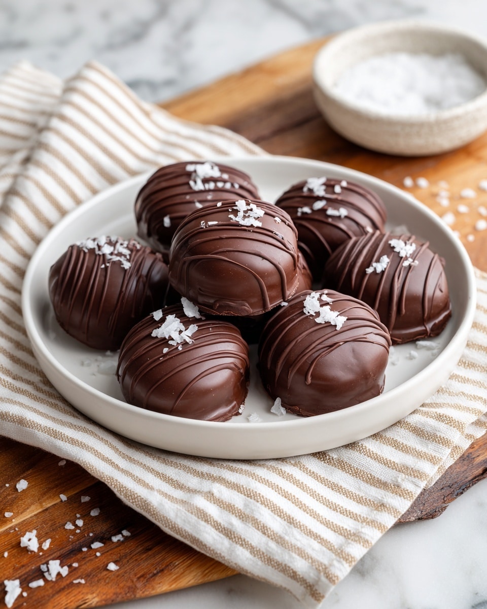 A white marble plate sits on a white marbled surface with a wooden board underneath. On the plate, there are about ten round chocolate treats with smooth and slightly glossy dark chocolate coating. Each treat has thin dark chocolate drizzle lines on top, adding texture and detail. A few treats on the plate have a small sprinkling of white coconut flakes on top. Around the plate on the surface, there are more similar chocolate treats scattered, and to the right, a small white bowl filled with coarse white salt sits on the white marbled surface next to the plate. A woman's hand is reaching from the left side, about to touch one of the treats on the table. The setting is soft and cozy with striped neutral cloth under the plate and wooden board. photo taken with an iphone --ar 4:5 --v 7