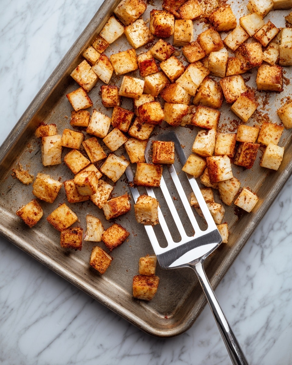 The image shows a metal baking tray filled with small, roasted cubed pieces of food that are light golden brown with some darker browned edges, scattered unevenly on the tray. The cubes have a firm texture with some pieces having reddish skin attached. A shiny metal spatula with a slotted head is resting on the tray, partially under some cubes. The tray is placed on a white marbled surface. photo taken with an iphone --ar 4:5 --v 7