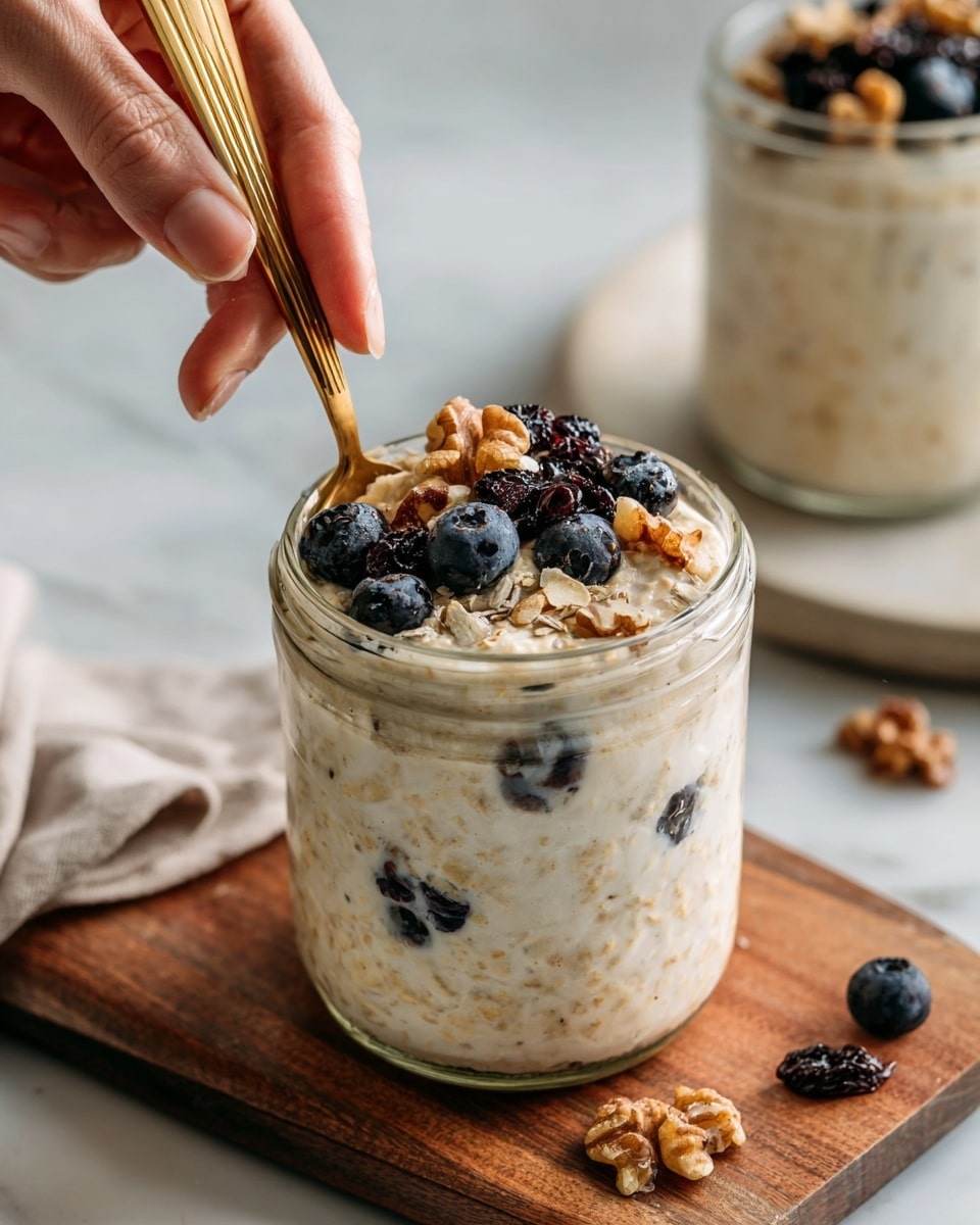 The image shows a clear glass jar filled with a creamy oatmeal mixture that has visible small oat pieces throughout. The jar is topped with a layer of blueberries, walnut halves, and dark raisins resting on the oat mixture. A woman's hand is holding a gold spoon that gently stirs the toppings and oats. The jar is placed on a wooden board with a slightly textured surface, and the background is a white marbled texture. Photo taken with an iphone --ar 4:5 --v 7