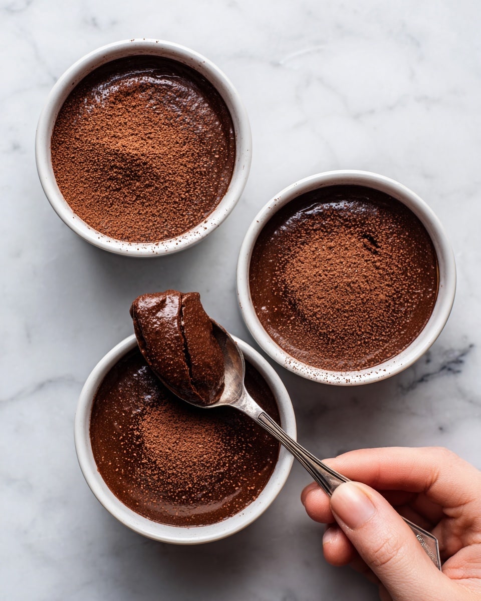 The image shows three white bowls filled with thick chocolate mousse, sitting on a white marbled surface. Each mousse has a smooth, creamy texture with a generous dusting of cocoa powder on top, giving a rich brown color contrast. One bowl is partially scooped out, revealing a dense chocolate layer beneath the cocoa powder dusting, with a silver spoon inside holding a round scoop of the mousse. The other two bowls are full and untouched, with flat tops covered evenly by cocoa powder. Photo taken with an iphone --ar 4:5 --v 7