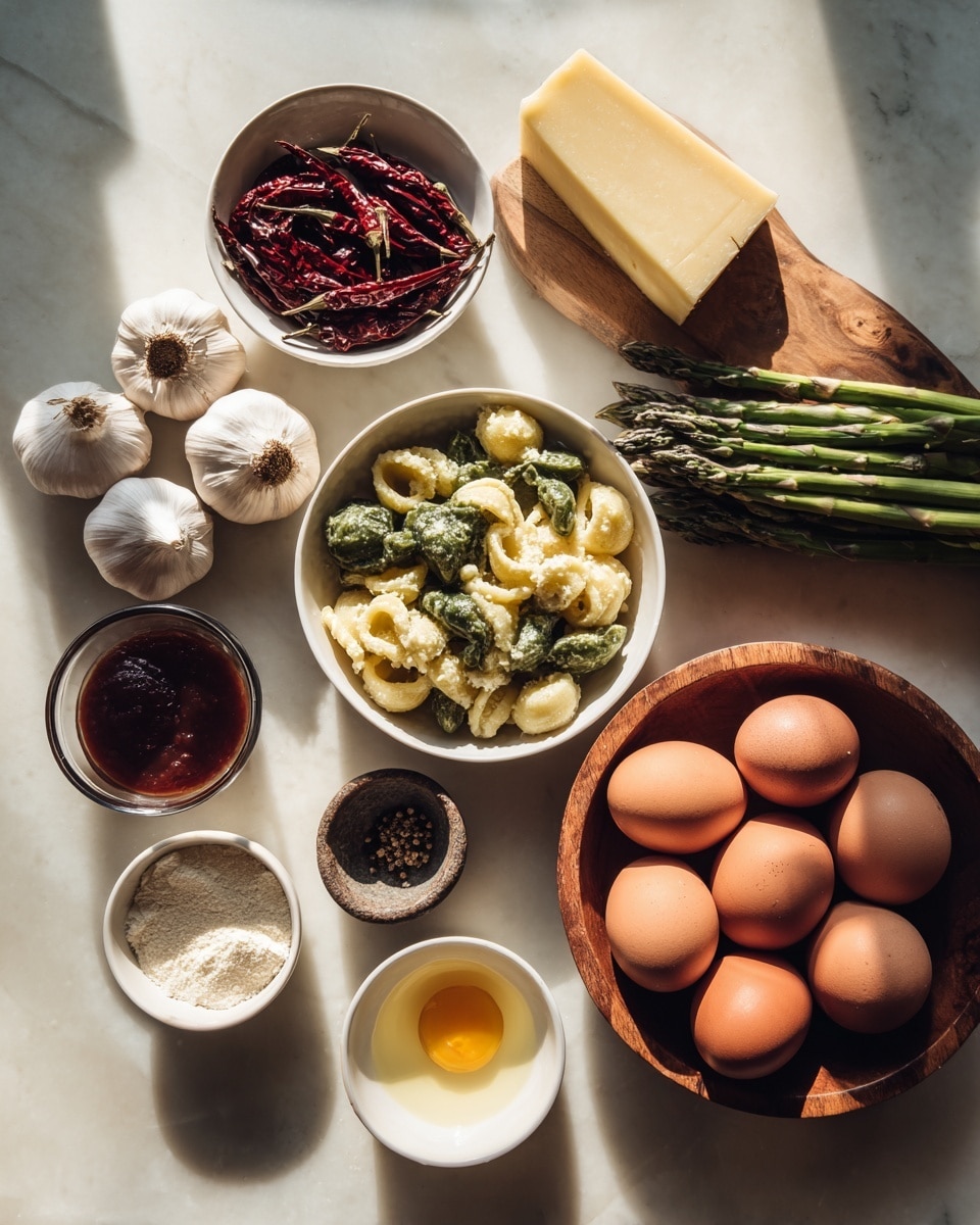 The image shows different ingredients arranged on a white marbled surface with warm natural light. There are four whole brown eggs in a wooden bowl at the bottom right. Above them, green asparagus stalks lay in a small bundle. To the left of the asparagus is a white bowl with pasta shells mixed with a green and white sauce. Above that, a white bowl is filled with dry red chili peppers. To the left of the chili bowl are three whole garlic bulbs. Moving down from there, there is a small glass bowl holding a dark red sauce. Next to that is a block of pale yellow cheese on a small wooden board. Below the cheese, an empty small bowl with a slight yellowish liquid is visible. To the left, a white bowl has a white powdery substance, possibly flour or cheese. Next to that, a small rustic cup contains ground black pepper. At the top left, a white bowl shows two raw egg yolks and whites. The light creates soft shadows across the ingredients. Photo taken with an iphone --ar 4:5 --v 7