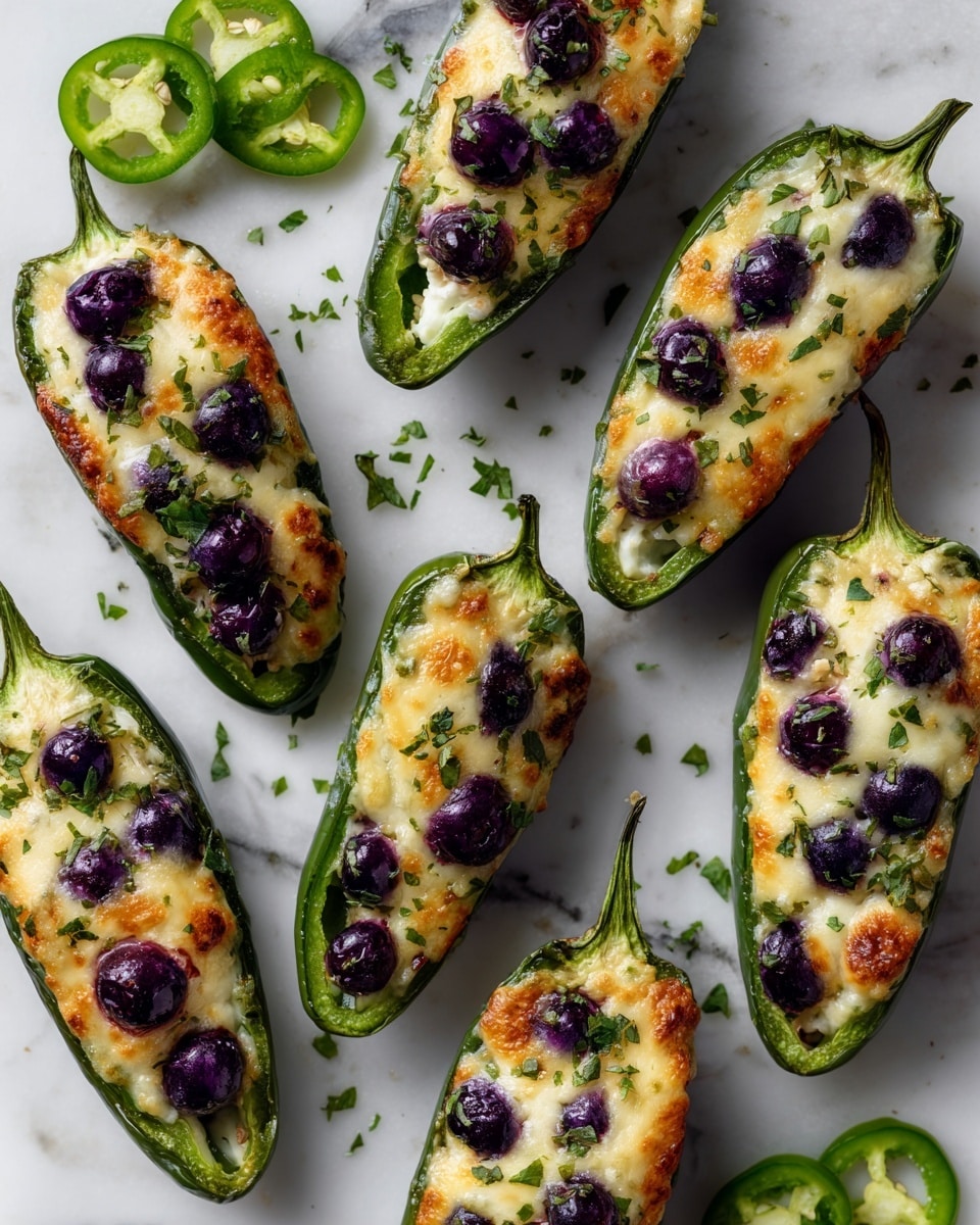 Eight green jalapeño halves are arranged closely on a white marbled surface, each filled with a layer of melted, lightly browned cheese on top. Under the cheese, there are dark purple-blue blueberry clusters evenly spread, creating a colorful contrast with the green jalapeños and golden cheese. Small green herb leaves are sprinkled on top of the cheese for garnish. A few sliced jalapeños are visible around the edges. The image is bright with natural light and clear focus, showing the texture of the cheese and the juiciness of the blueberries. Photo taken with an iphone --ar 4:5 --v 7
