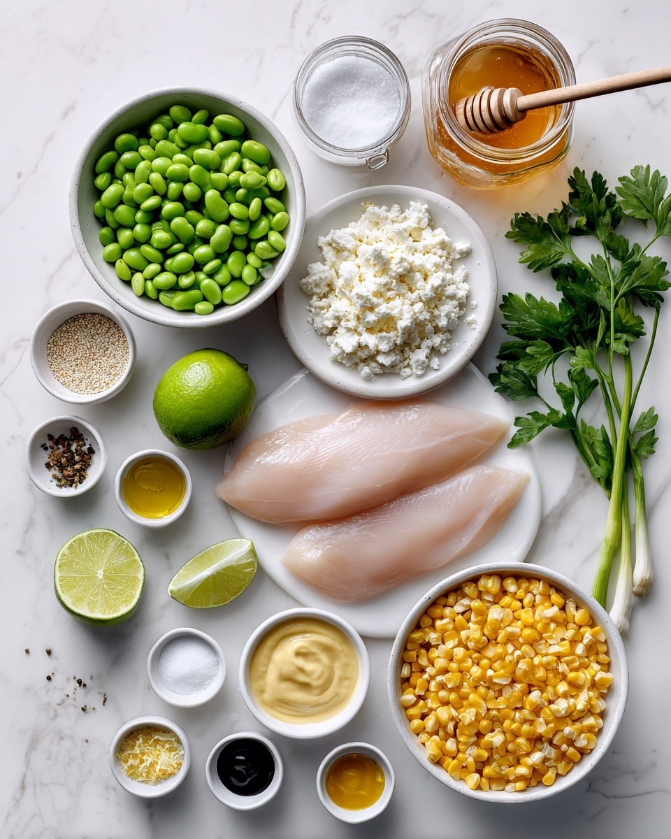 The image shows ingredients for a dish arranged neatly on a white marbled surface. Starting from the top left, there is a white bowl filled with green edamame beans, next to a small white container of salt and a clear glass jar of honey with a wooden honey dipper. To the right of the honey is a whole lime with one half sliced open. Below the lime, there is a round white bowl with crumbled white cheese, and near it are fresh parsley and green onions on the right edge. Moving down, there are two large raw chicken fillets in a white bowl, beside a white bowl of yellow corn kernels on the bottom right. Several small white bowls hold different sauces and seasonings are scattered around, including mustard, mayonnaise, and ground black pepper. The whole setup is bright and clean, arranged for a cooking preparation scene photo taken with an iphone --ar 4:5 --v 7